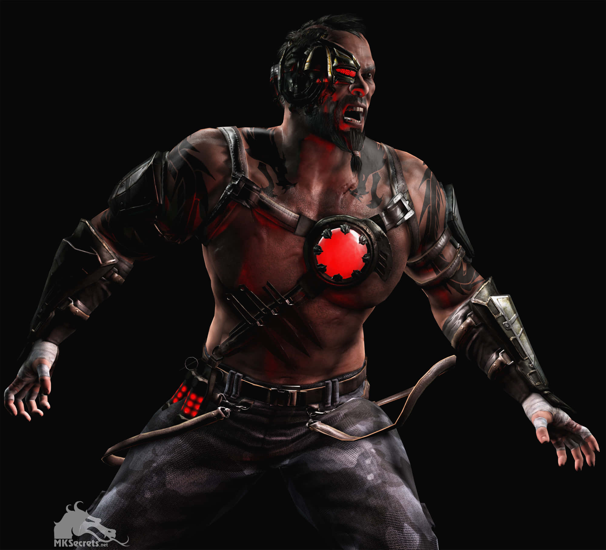 Mortal Kombat Kano 桌布 壁紙 — 一個肌肉發達的機械戰士，擁有發光的紅色眼睛和胸部標誌，在黑色背景上咆哮。