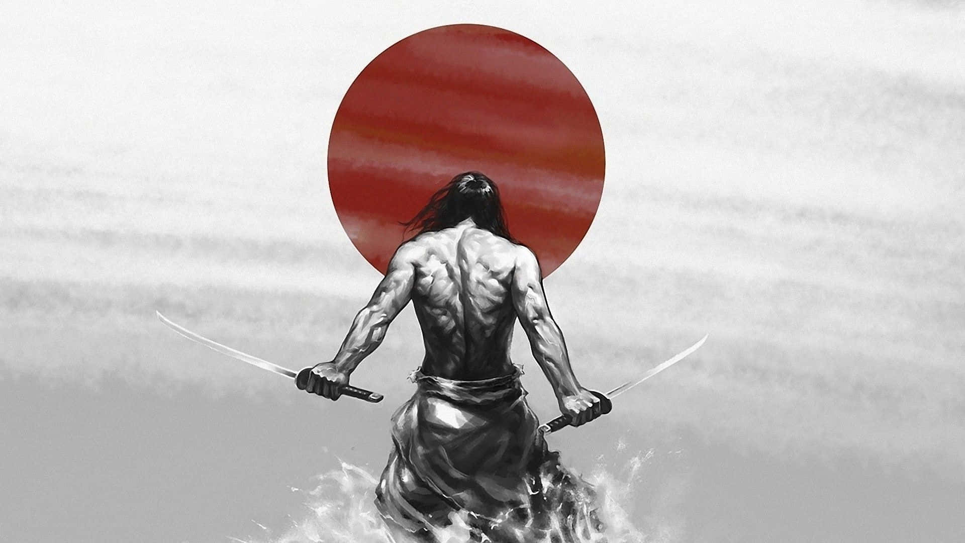 武士動畫 桌布 壁紙 — 一個肌肉發達的武士戰士在一個巨大的紅太陽下站在水中揮舞著兩把劍。