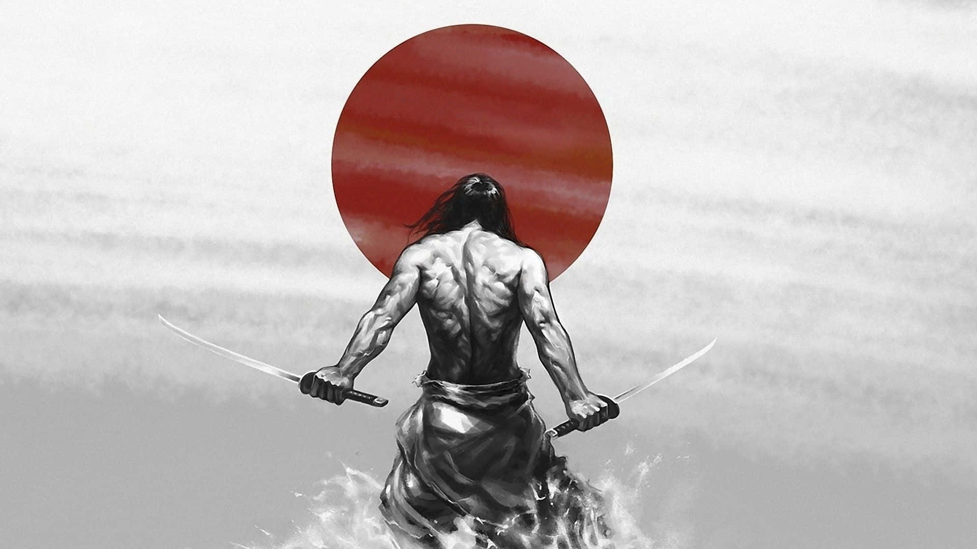 Samurai X 桌布 壁紙 — 一個肌肉發達的武士戰士涉水而過，手持兩把劍，身後有一個巨大的紅色太陽。