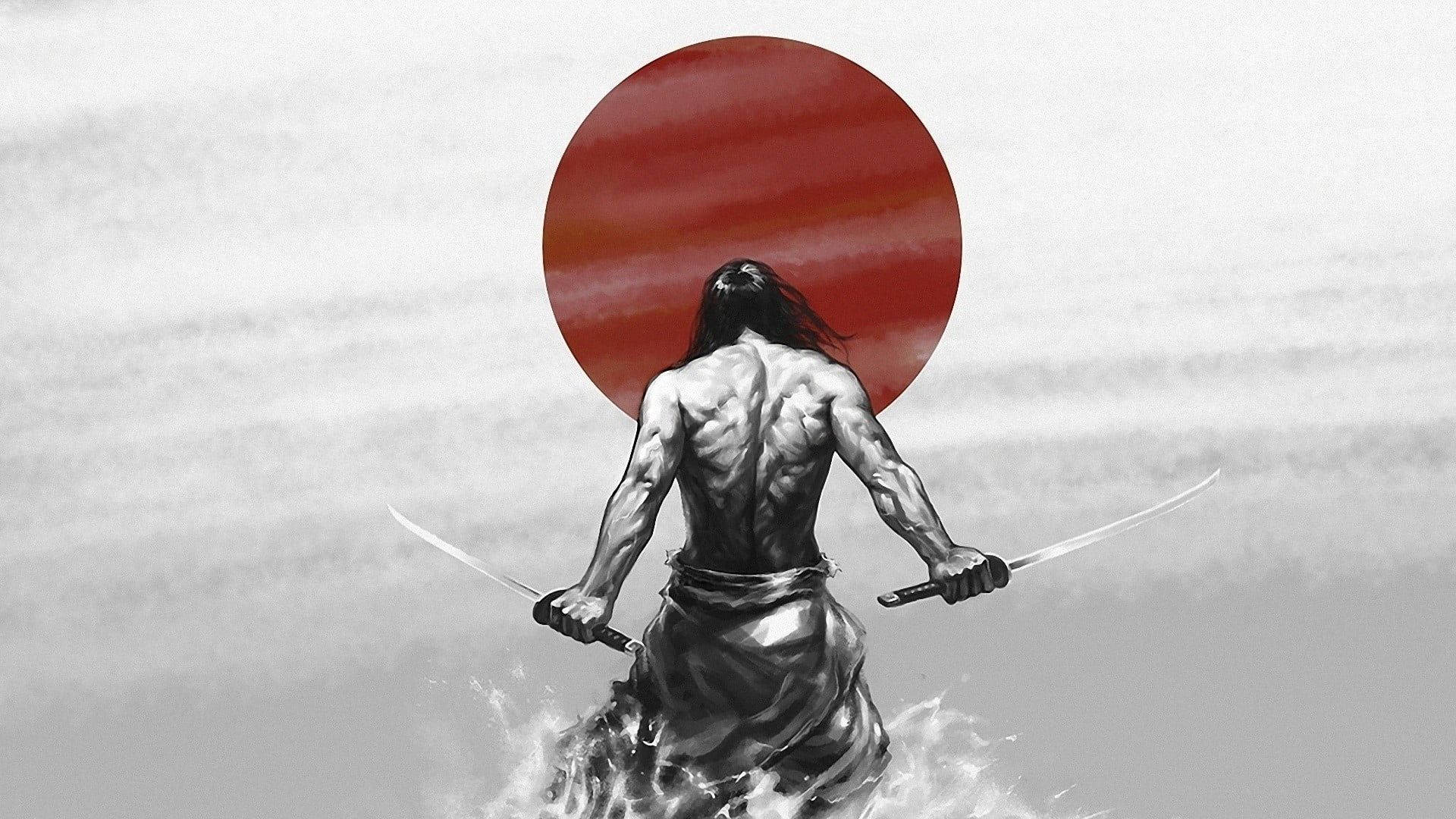 一個肌肉發達的武士戰士手持兩把劍，背後有紅太陽。