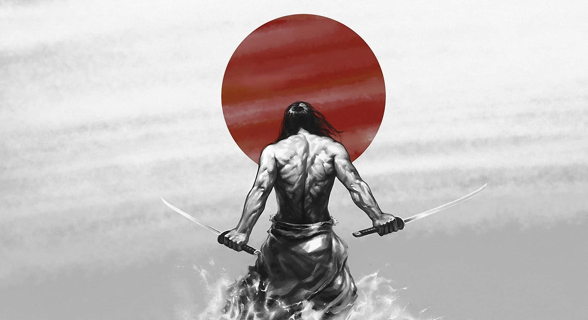 Bushido 桌布 壁紙 — 一個肌肉發達的武士戰士背對著大膽的紅日站著，手持兩把劍，水花在他腳邊飛濺。