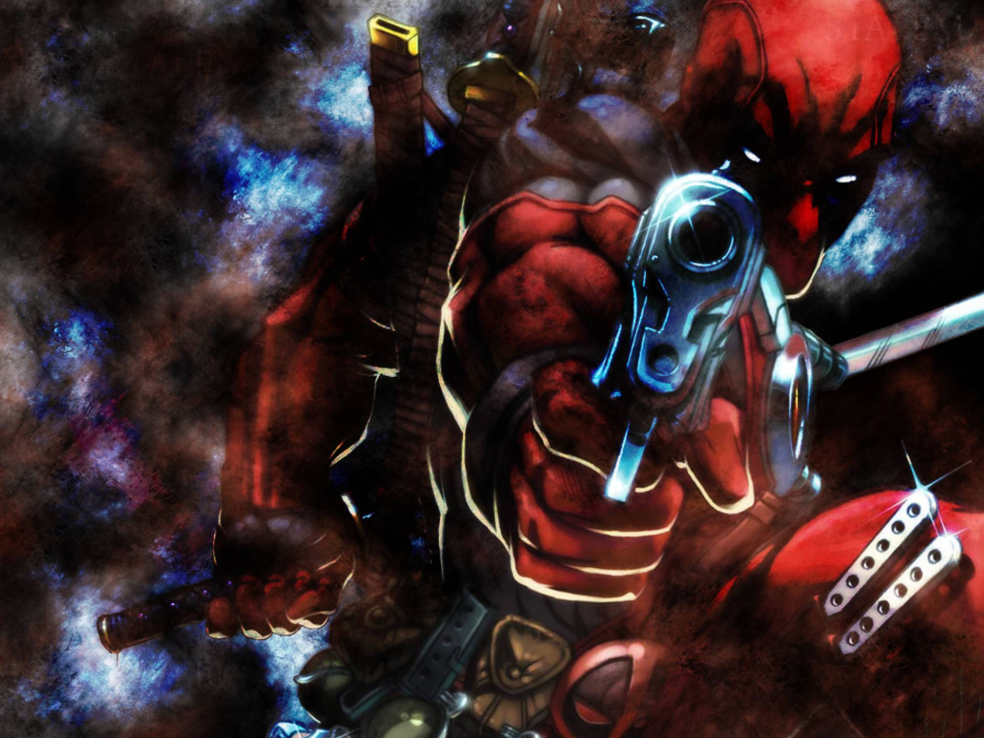 4K deadpool 桌布 壁紙 — 一個肌肉發達的死侍穿著紅色戰衣，在旋轉藍色和紫色的宇宙星雲背景下瞄準一把發光的槍。
