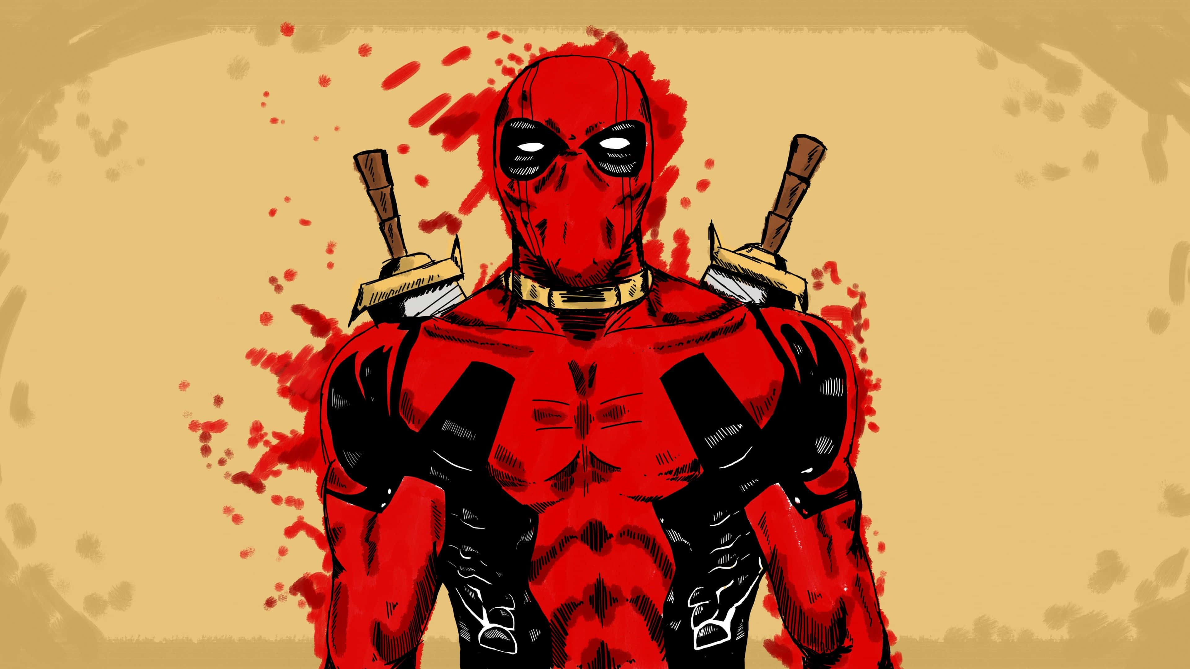 Best Marvel 桌布 壁紙 — 一個肌肉發達的死侍穿著紅黑戰衣，背著兩把劍，站在米色背景上，背景有紅色飛濺。