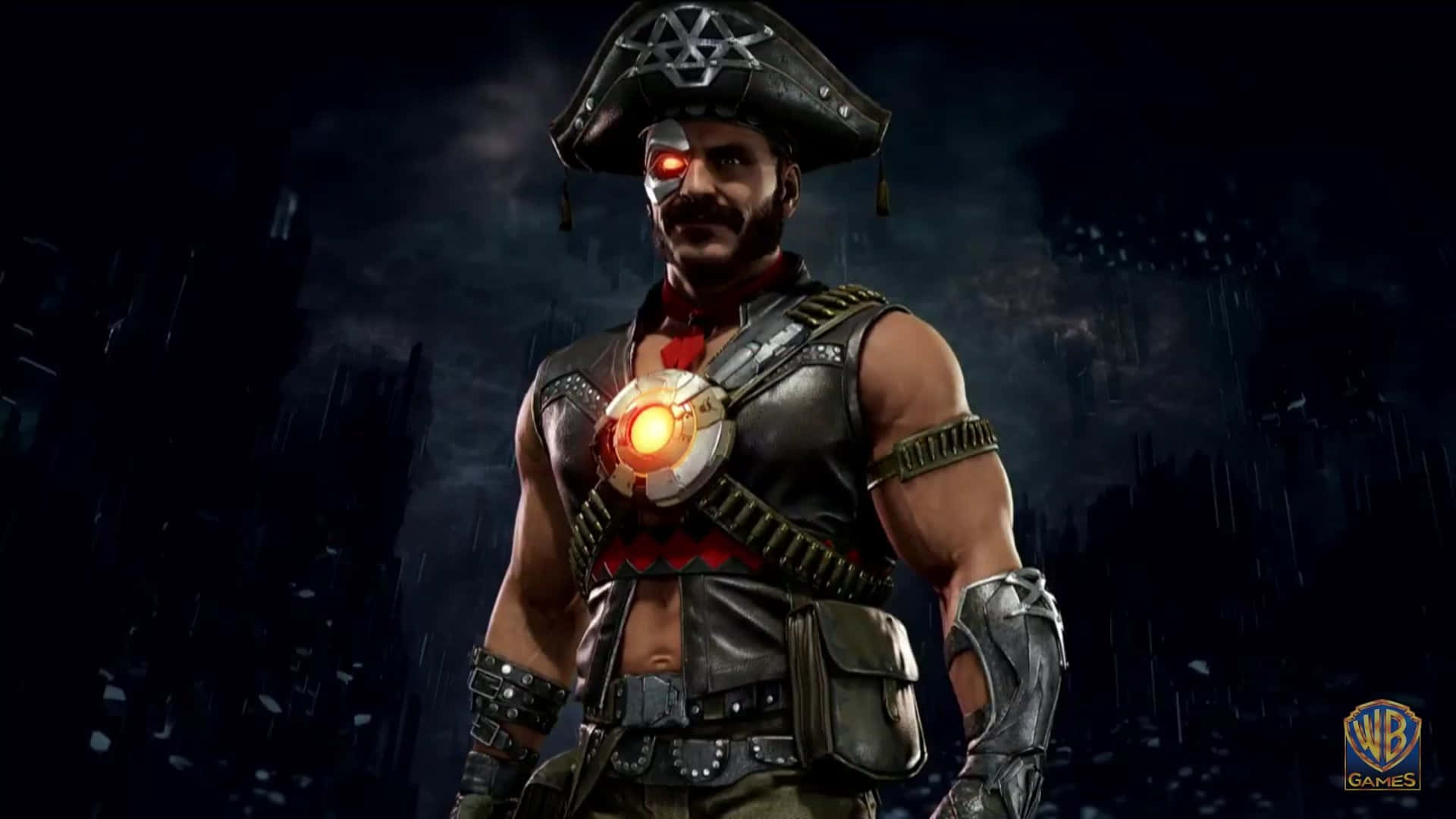 Mortal Kombat Kano 桌布 壁紙 — 一個肌肉發達的海盜，擁有發光的紅色眼睛和胸部標誌，站在黑暗多雨的城市景觀中。
