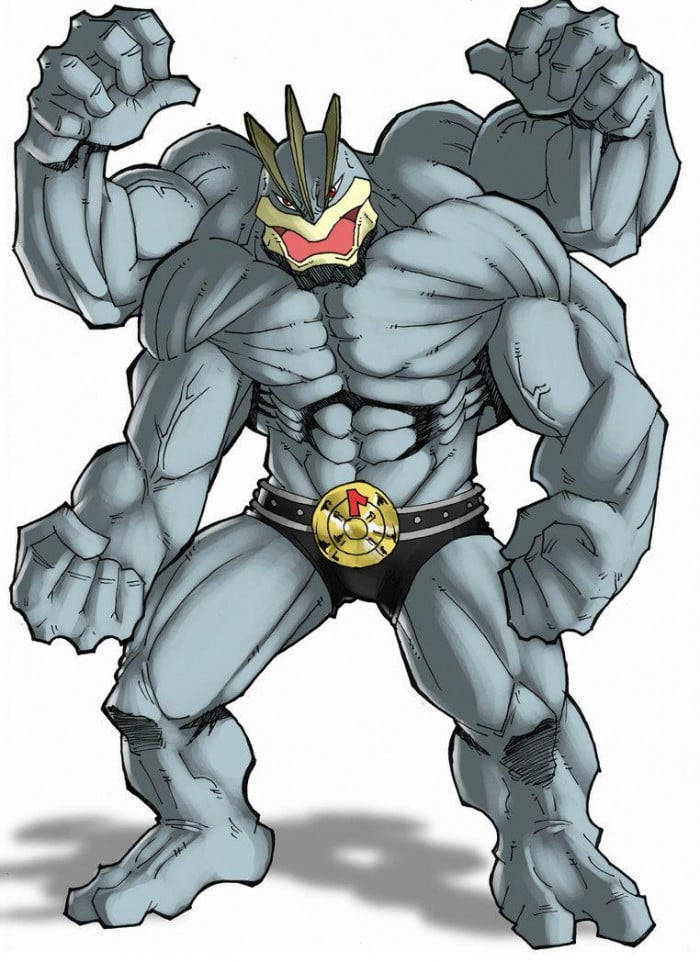 Machamp 桌布 壁紙 — 一個肌肉發達的灰色石魔像，紅色嘴巴和金色腰帶，以強而有力的姿勢站在純白色背景前。