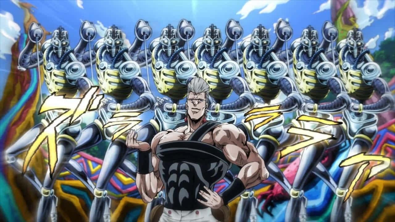 Jojo's Bizarre Adventure 桌布 壁紙 — 一個肌肉發達的灰色頭髮動漫男子，自信地站在一排相同的裝甲機械戰士面前，背景是明亮的藍天。