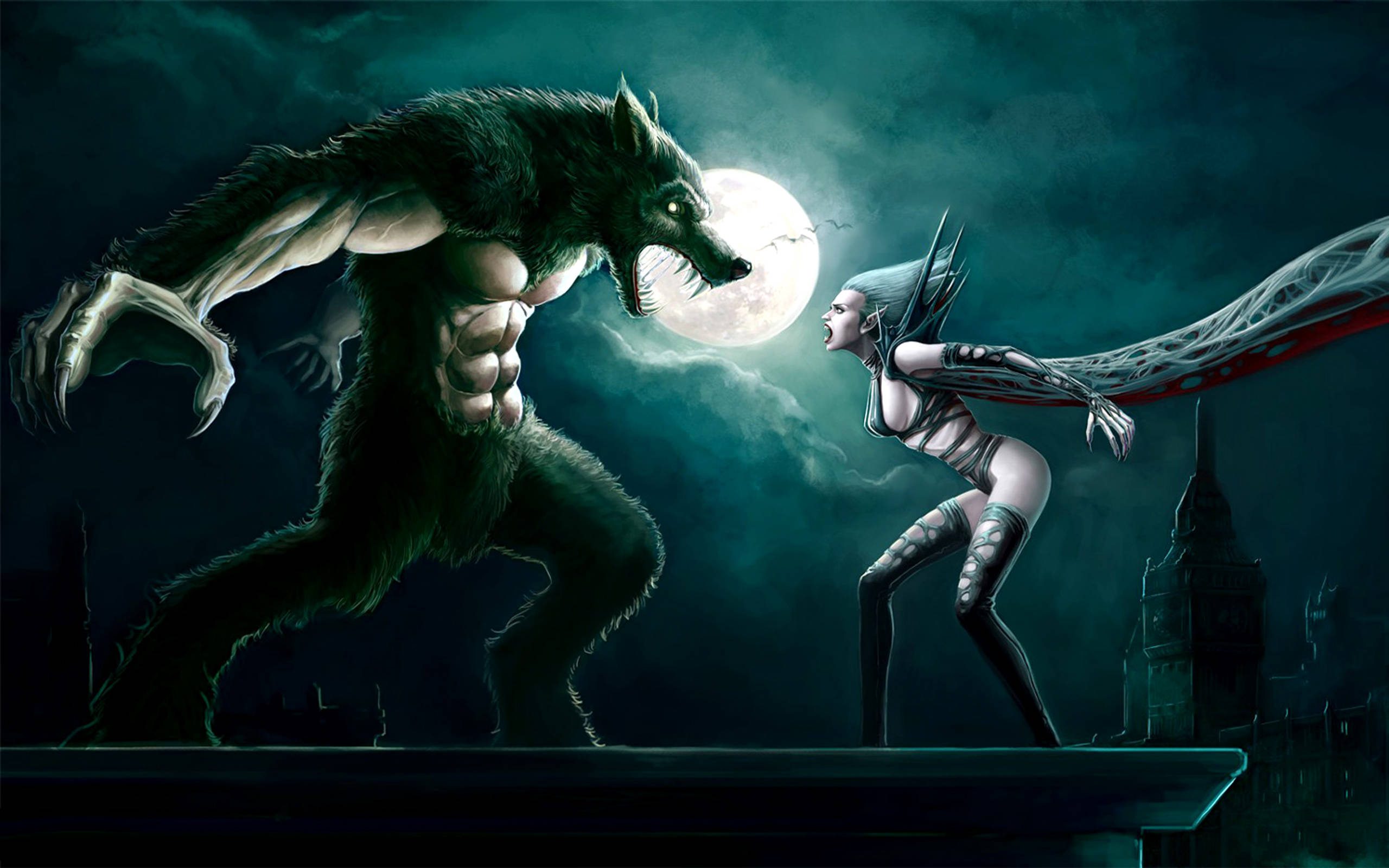 Vampire 桌布 壁紙 — 一個肌肉發達的狼人在滿月下、黑暗城市天際線上方，撲向一位披著飄逸斗篷的女戰士。