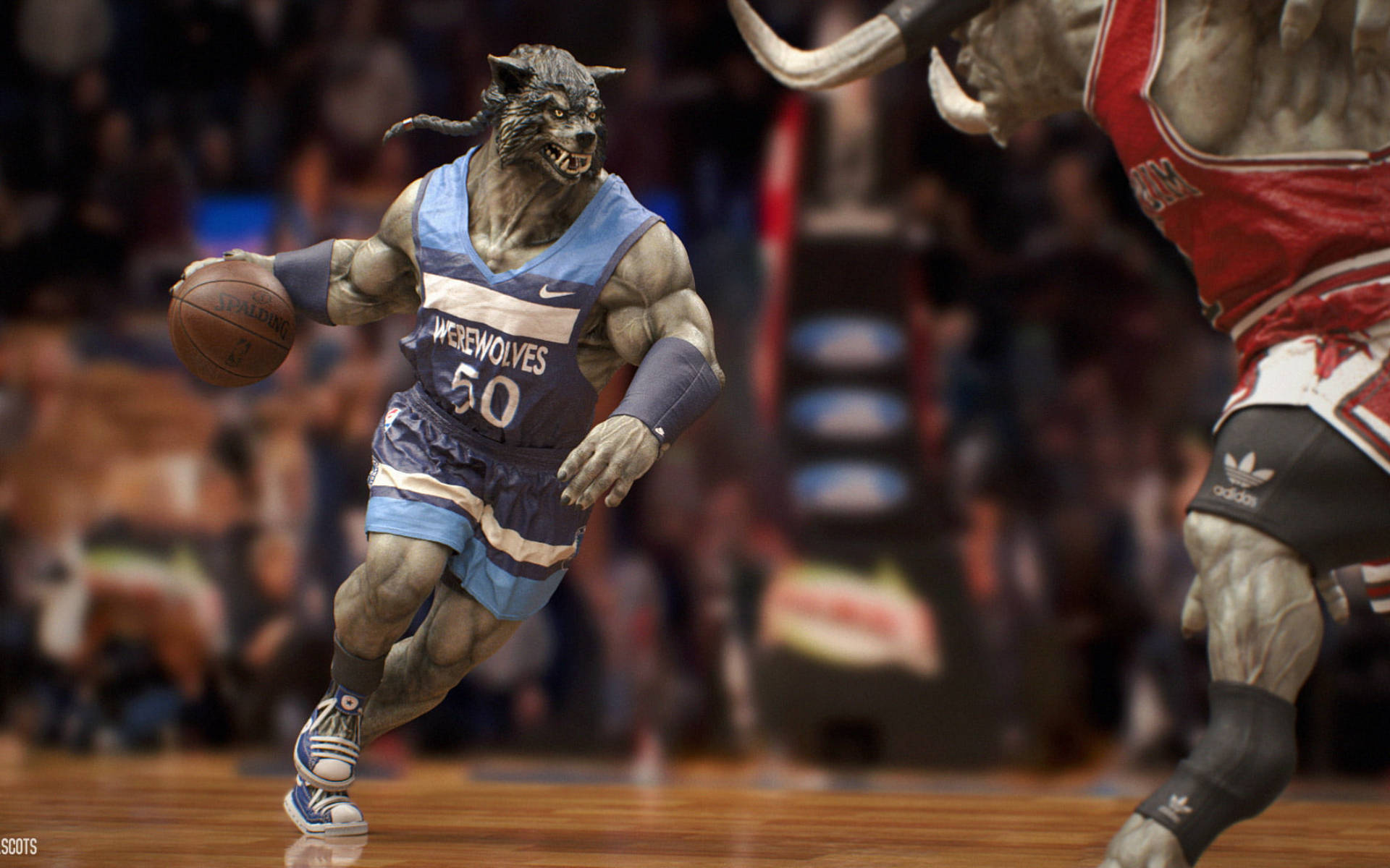 Timberwolves 桌布 壁紙 — 一個肌肉發達的狼人穿著藍色明尼蘇達灰狼隊球衣，在硬木球場上運球，同時被一個穿著紅色球衣的公牛球員防守。