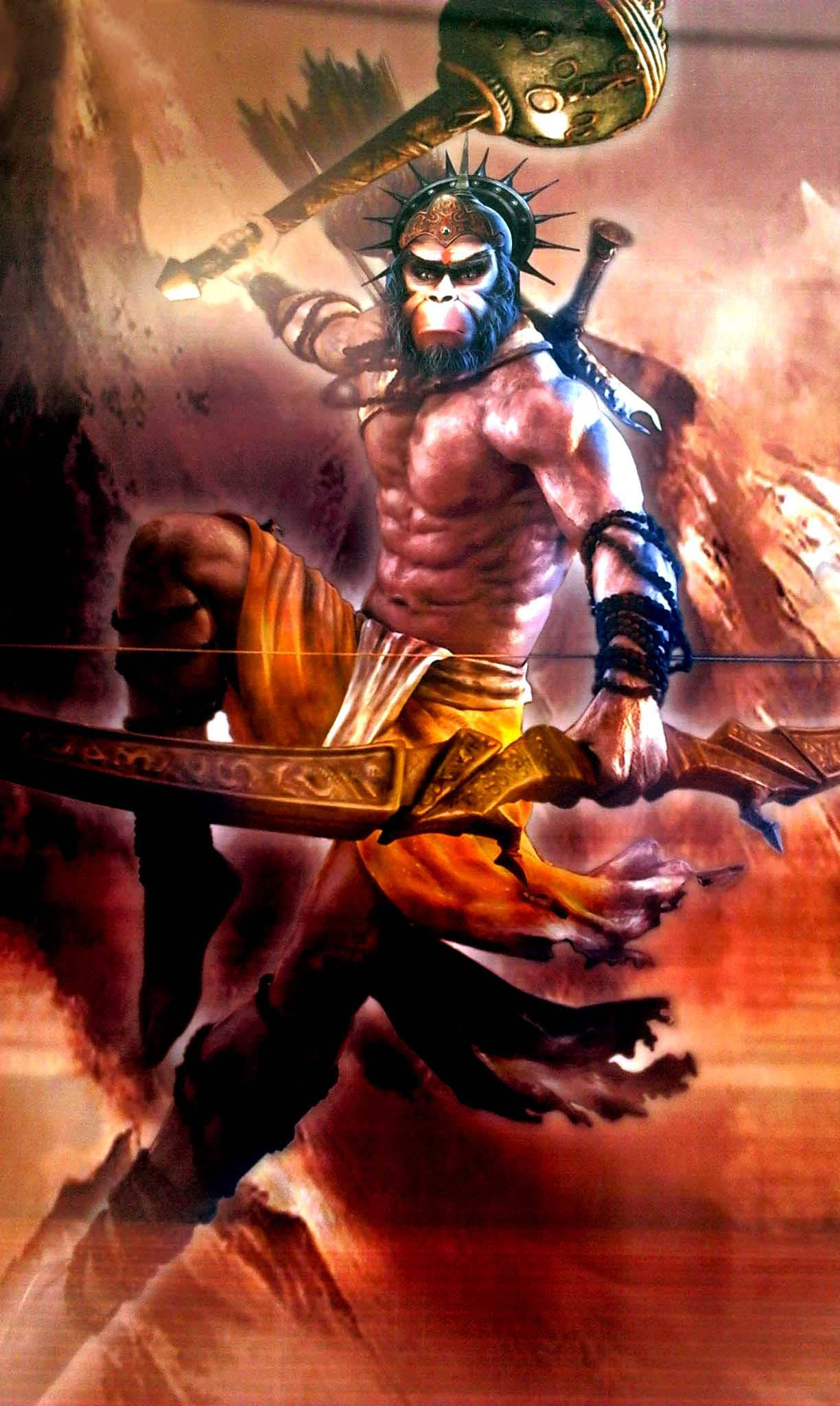 lord hanuman 桌布 壁紙 — 一個肌肉發達的猴子戰士，戴著尖刺王冠，揮舞著巨大的狼牙棒和弓，背景是火紅的橙色和紅色。