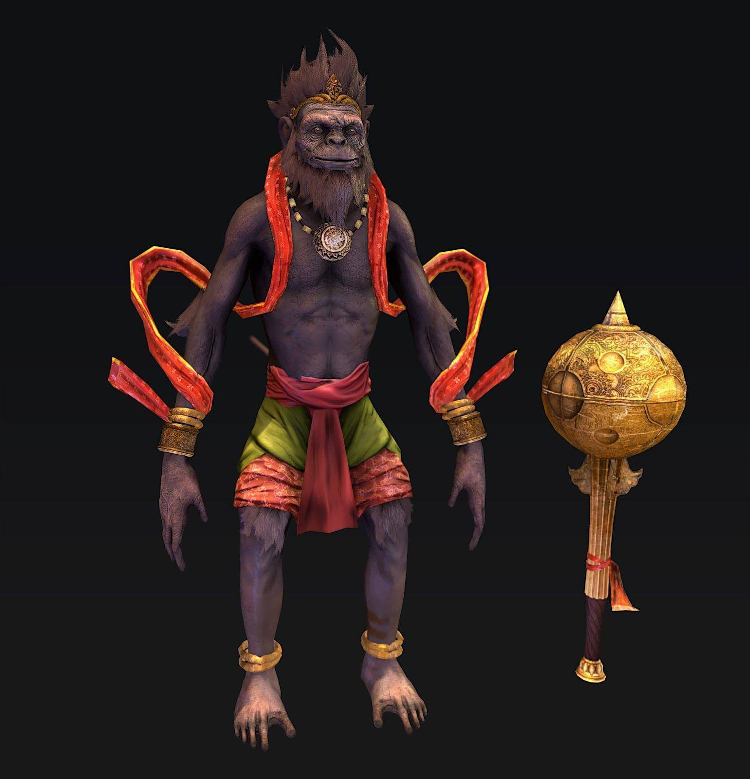 lord hanuman HD 桌布 壁紙 — 一個肌肉發達的猴神，帶有火紅色的絲帶和金飾，站在一個華麗的金色權杖旁邊，背景為黑色。