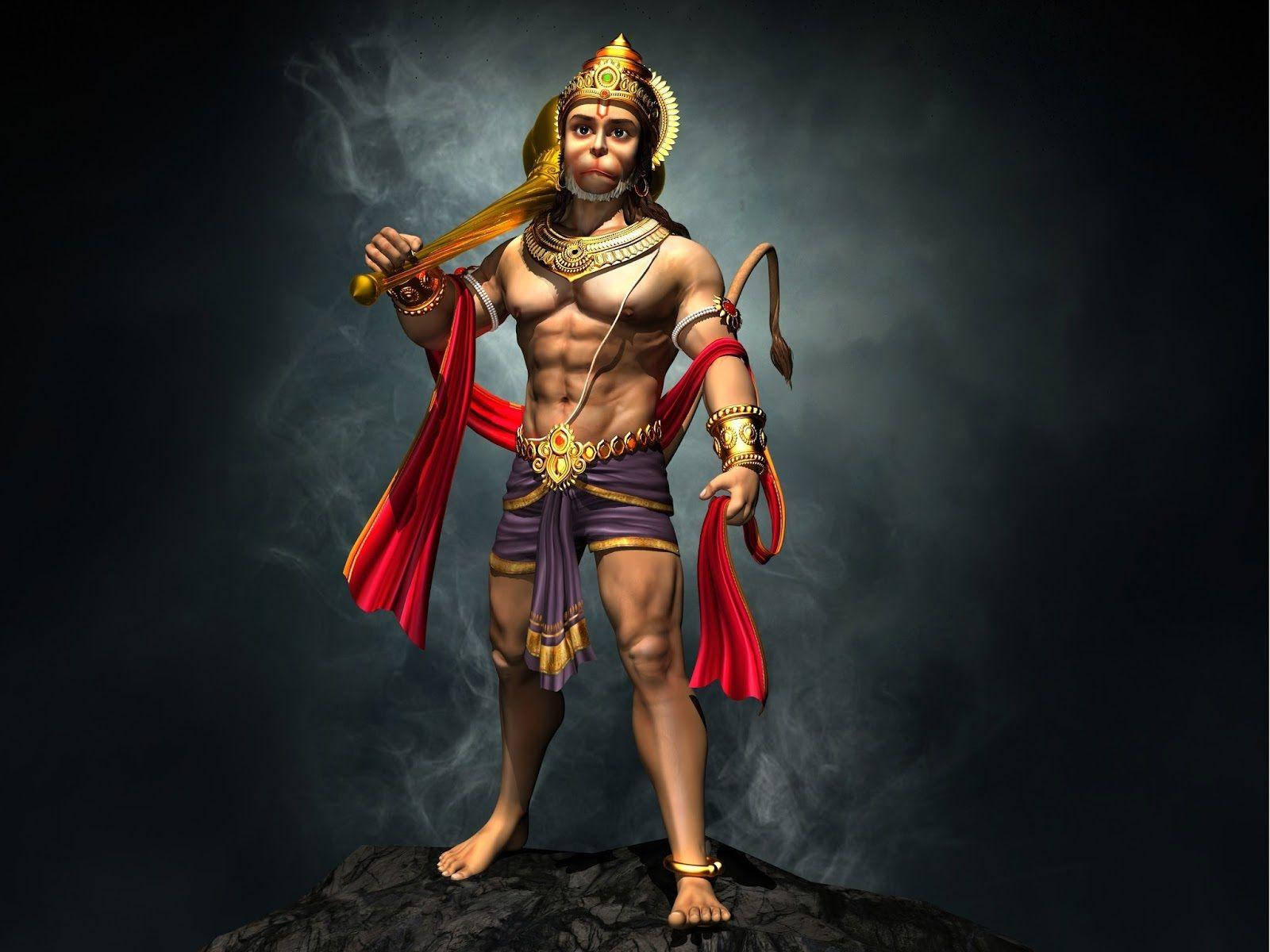 hanuman 4K HD 桌布 壁紙 — 一個肌肉發達的猴神，身穿金色盔甲和紅色斗篷，英勇地站在黑暗的岩石上，背景煙霧繚繞。