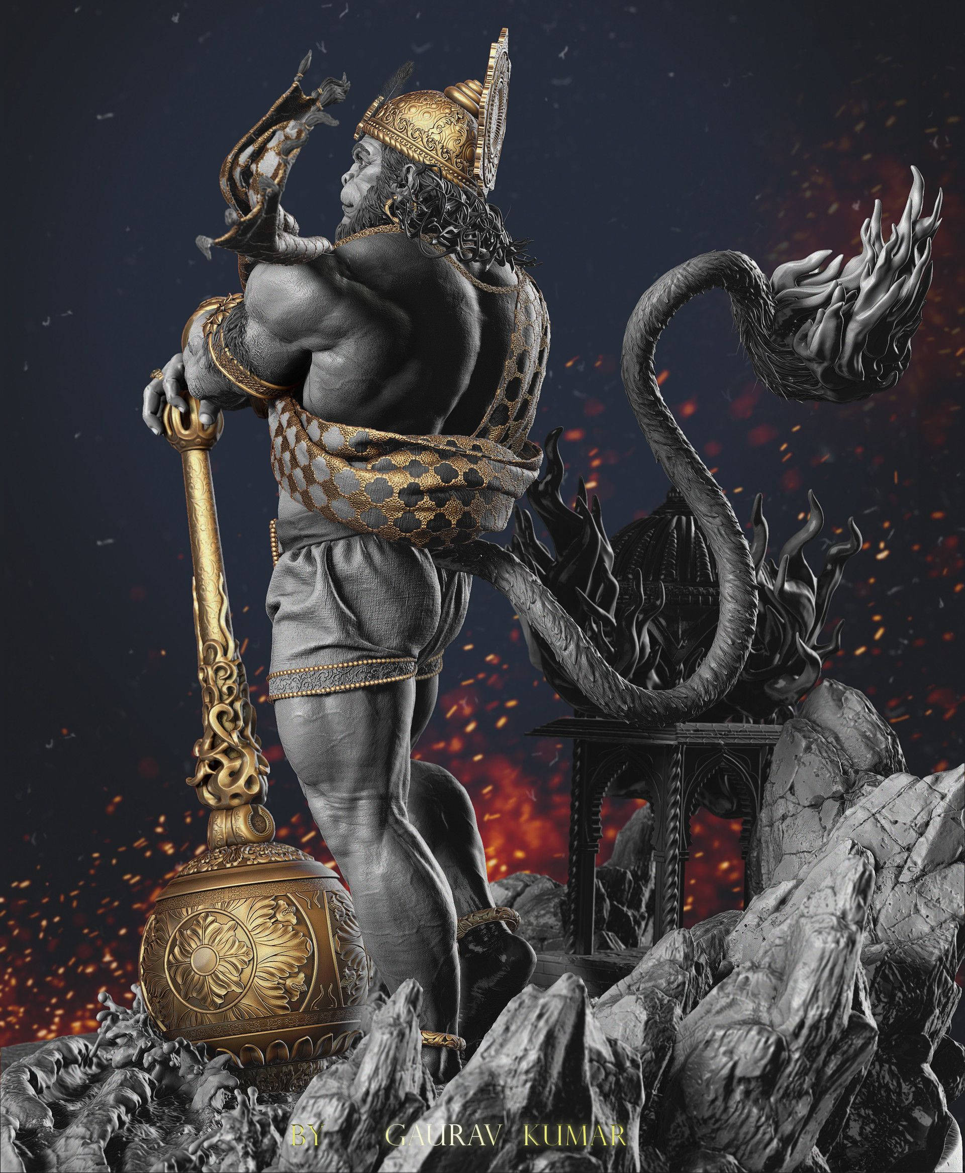 angry hanuman 桌布 壁紙 — 一個肌肉發達的猴神，身穿金色盔甲，手持火焰蛇，站在崎嶇的岩石上，握著華麗的狼牙棒，背景是黑暗火熱的天空。