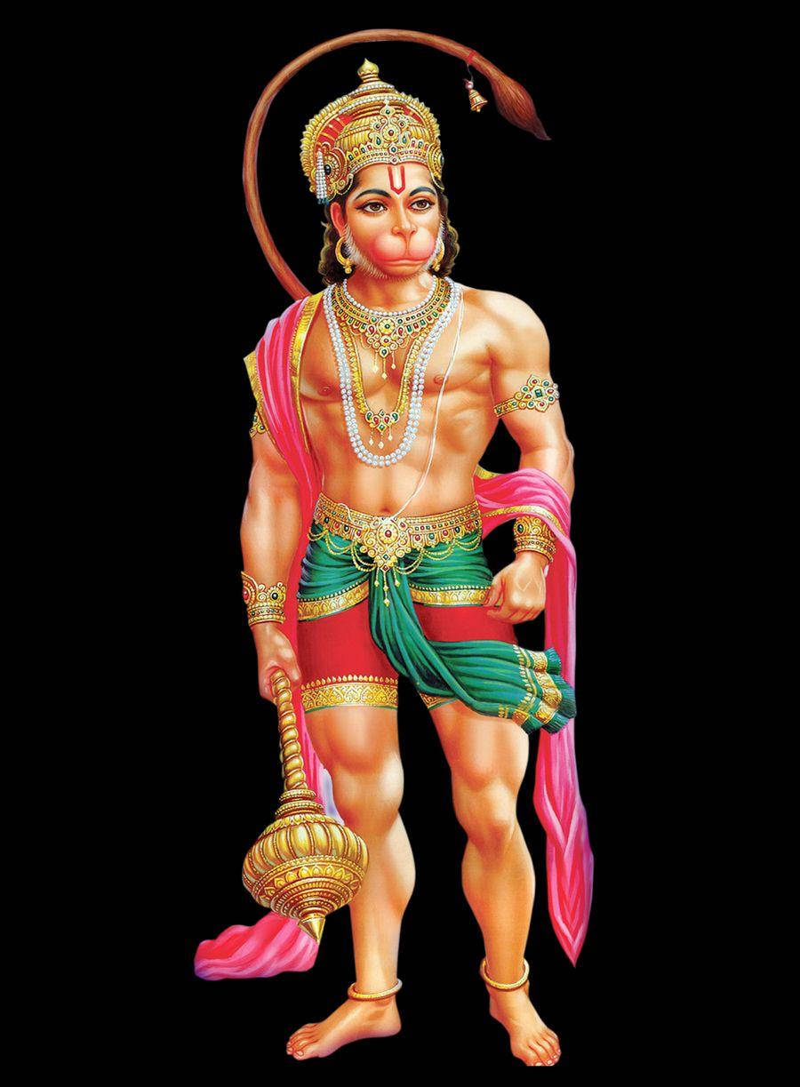 Anjaneya 桌布 壁紙 — 一個肌肉發達的猴神，飾有黃金珠寶和鮮豔的粉綠色服裝，在黑色背景前手持狼牙棒。