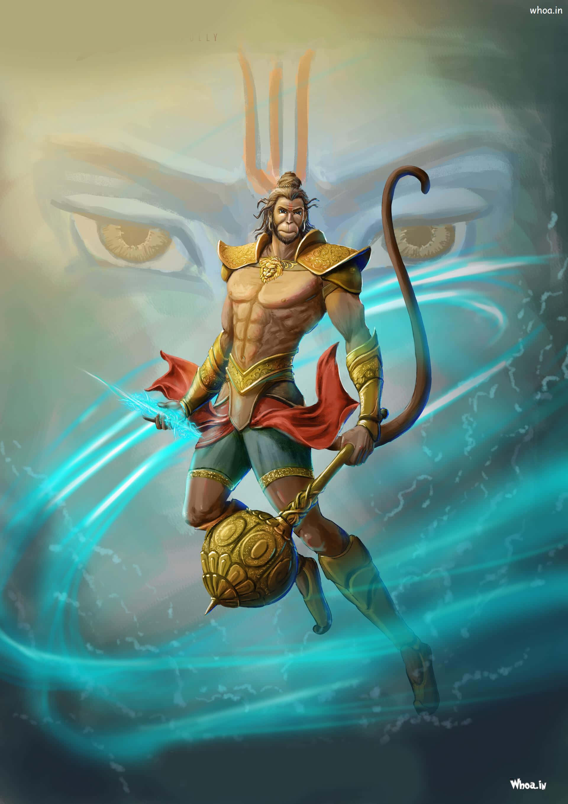 Hanuman 桌布 壁紙 — 一個肌肉發達的猴神穿著金色盔甲，在巨大眼睛和旋轉藍色能量的背景下揮舞著發光的法杖。