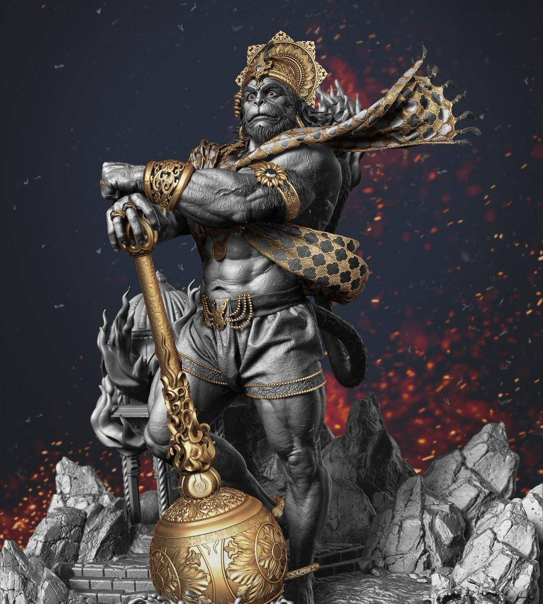 angry hanuman 桌布 壁紙 — 一個肌肉發達的猴神雕像，身穿銀色和金色盔甲，在熾熱的火花和崎嶇的岩石中揮舞著巨大的華麗狼牙棒。