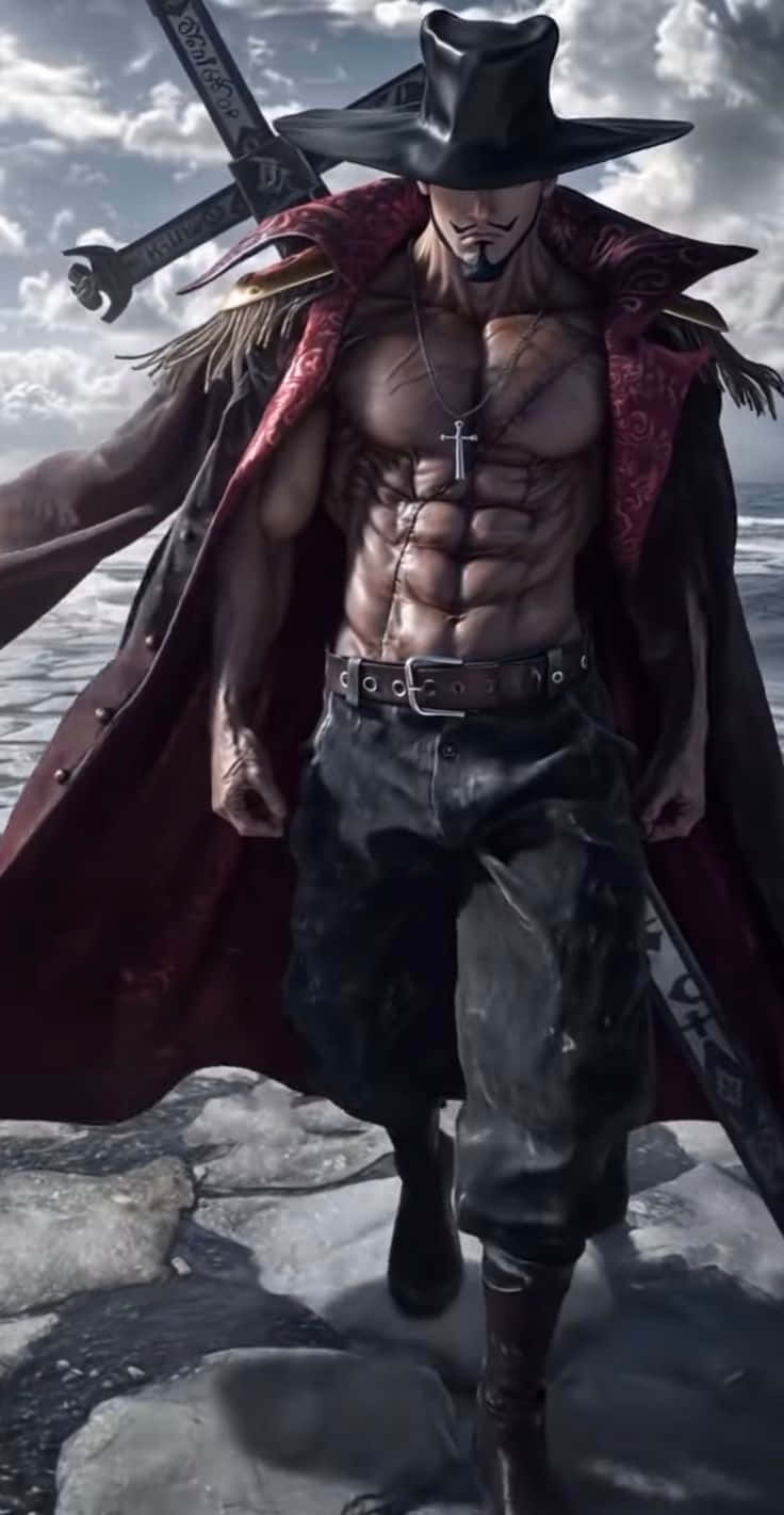 One piece mihok 壁紙 — 一個肌肉發達的男人，戴著黑色帽子和紅色外套，背著劍，在陰天中走過冰冷的岩石。