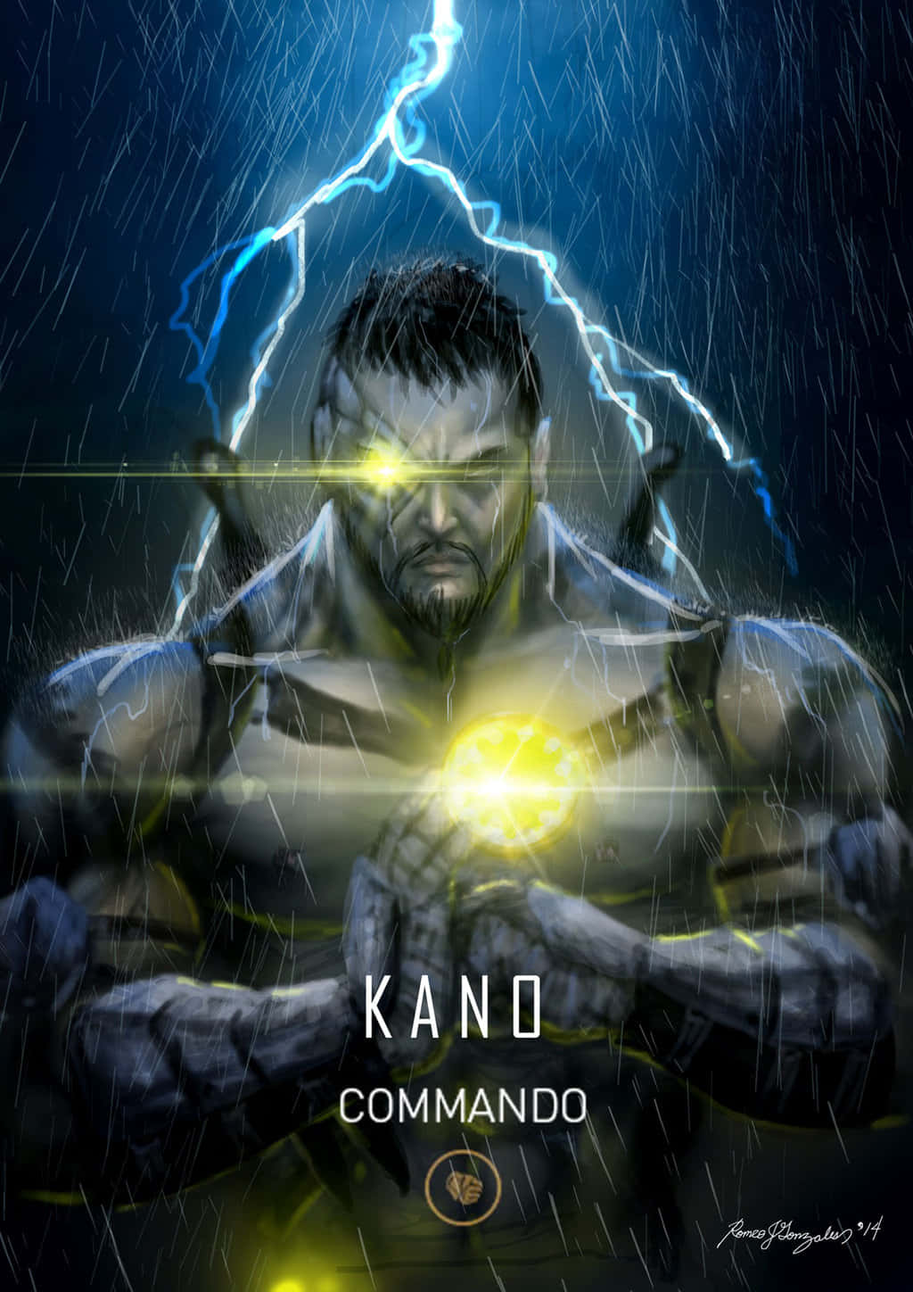 Mortal Kombat Kano 桌布 壁紙 — 一個肌肉發達的男人，擁有發光的黃色眼睛和胸膛，在暴雨中手持發光球體，身後閃電劃破天際。