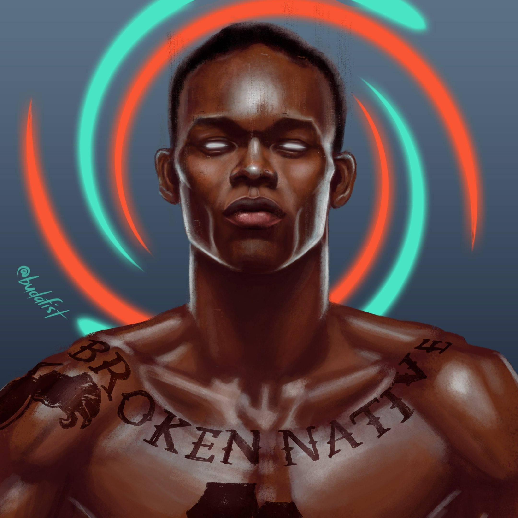 Adesanya 桌布 壁紙 — 一個肌肉發達的男人，頭後有發光的霓虹環，胸前紋有「BROKEN NATIVE」字樣。