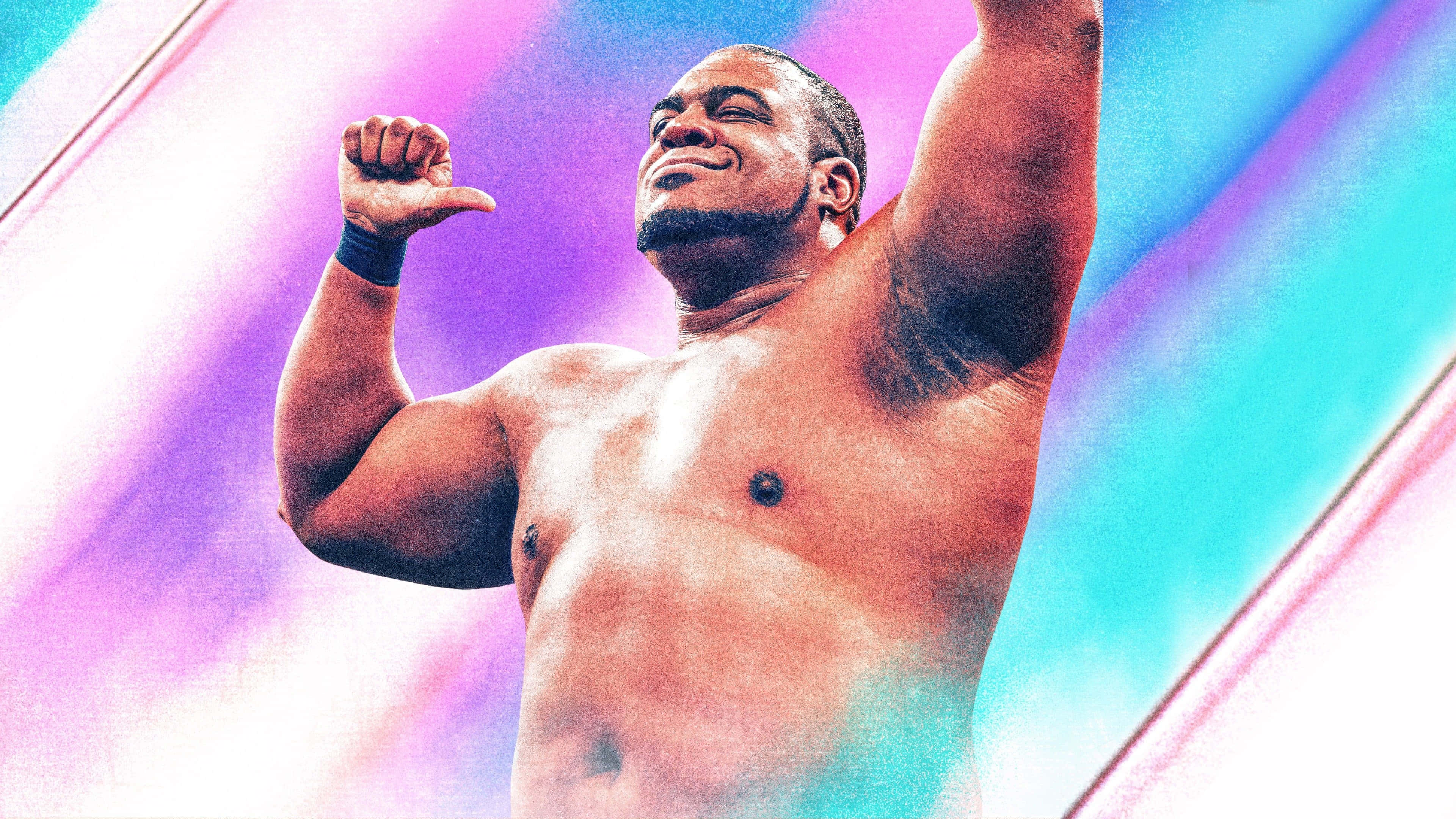 WWE 桌布 壁紙 — 一個肌肉發達的男人勝利地高舉雙臂，背景是充滿活力的紫色和青色漸變。