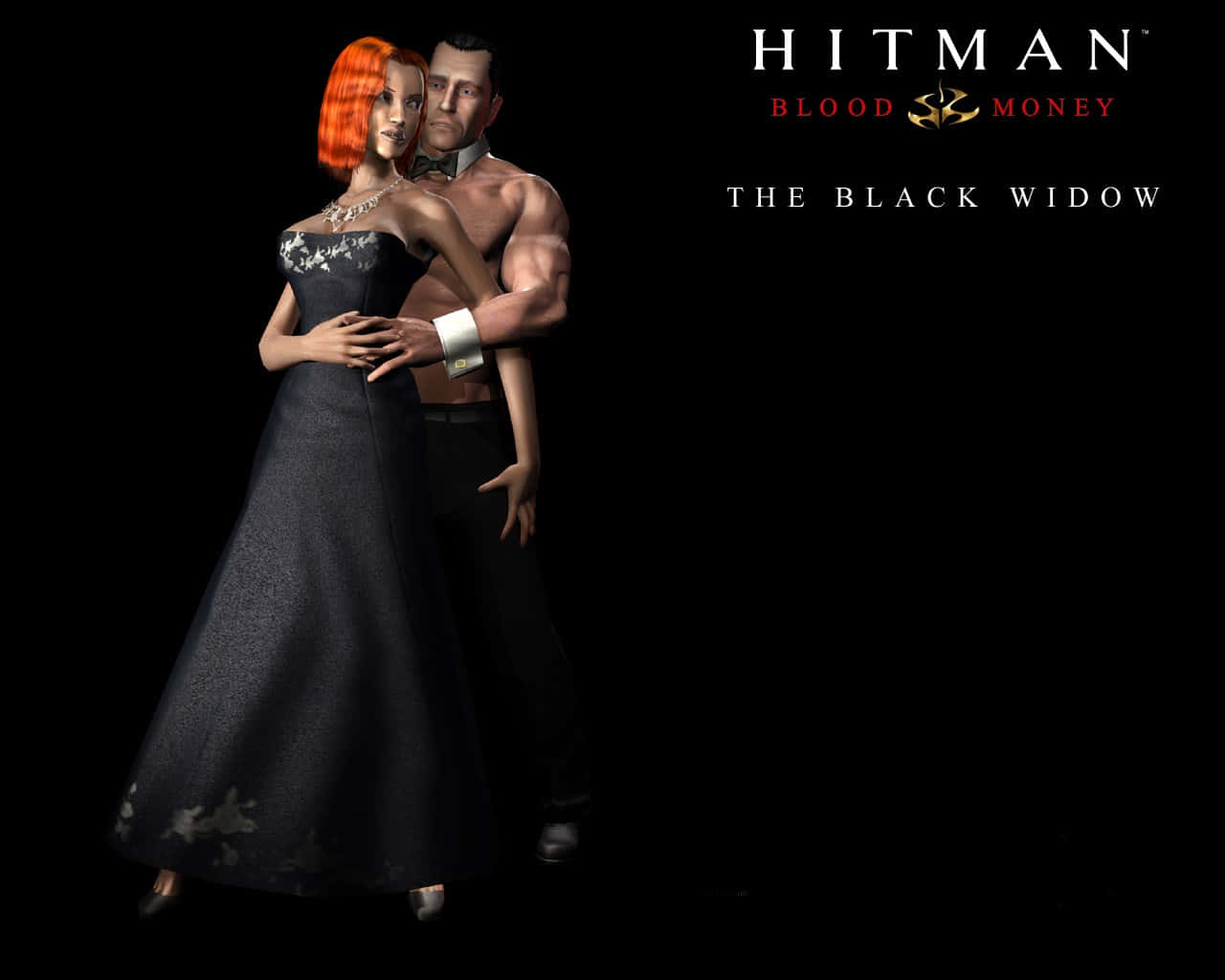 games 桌布 壁紙 — 一個肌肉發達的男人和一個火紅頭髮的女人在黑暗的場景中擁抱，並以遊戲標題《Hitman Blood Money》作為框架。