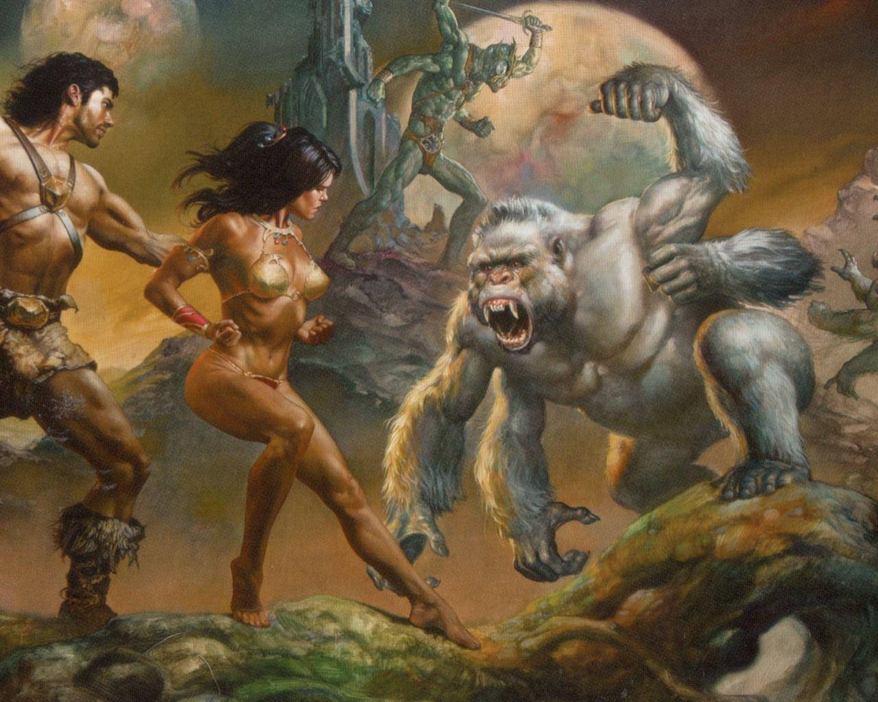 john carter 桌布 壁紙 — 一個肌肉發達的男人和女人在岩石地形上奔跑，一隻咆哮的猿猴向前猛撲，背景中有一個綠色戰士在巨大的月亮下若隱若現。