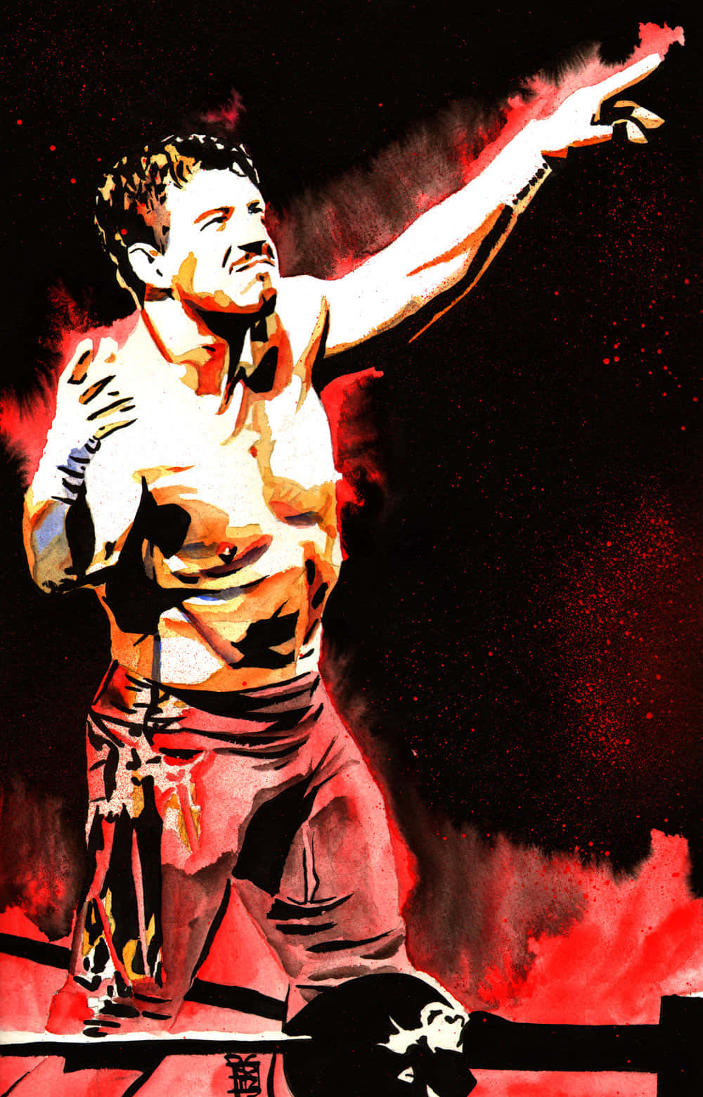 Wrestling 桌布 壁紙 — 一個肌肉發達的男人在摔角擂台上，對著熾熱的紅黑色背景勝利地向上指。