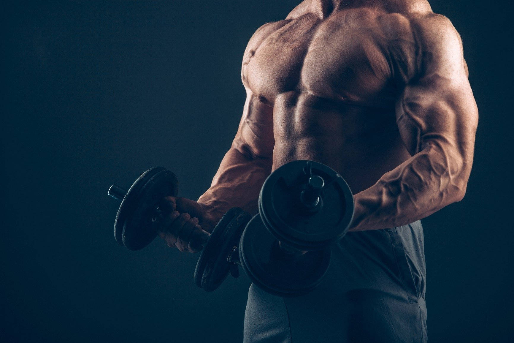 Exercise 桌布 壁紙 — 一個肌肉發達的男人在深藍色工作室背景下彎曲手臂舉起啞鈴。