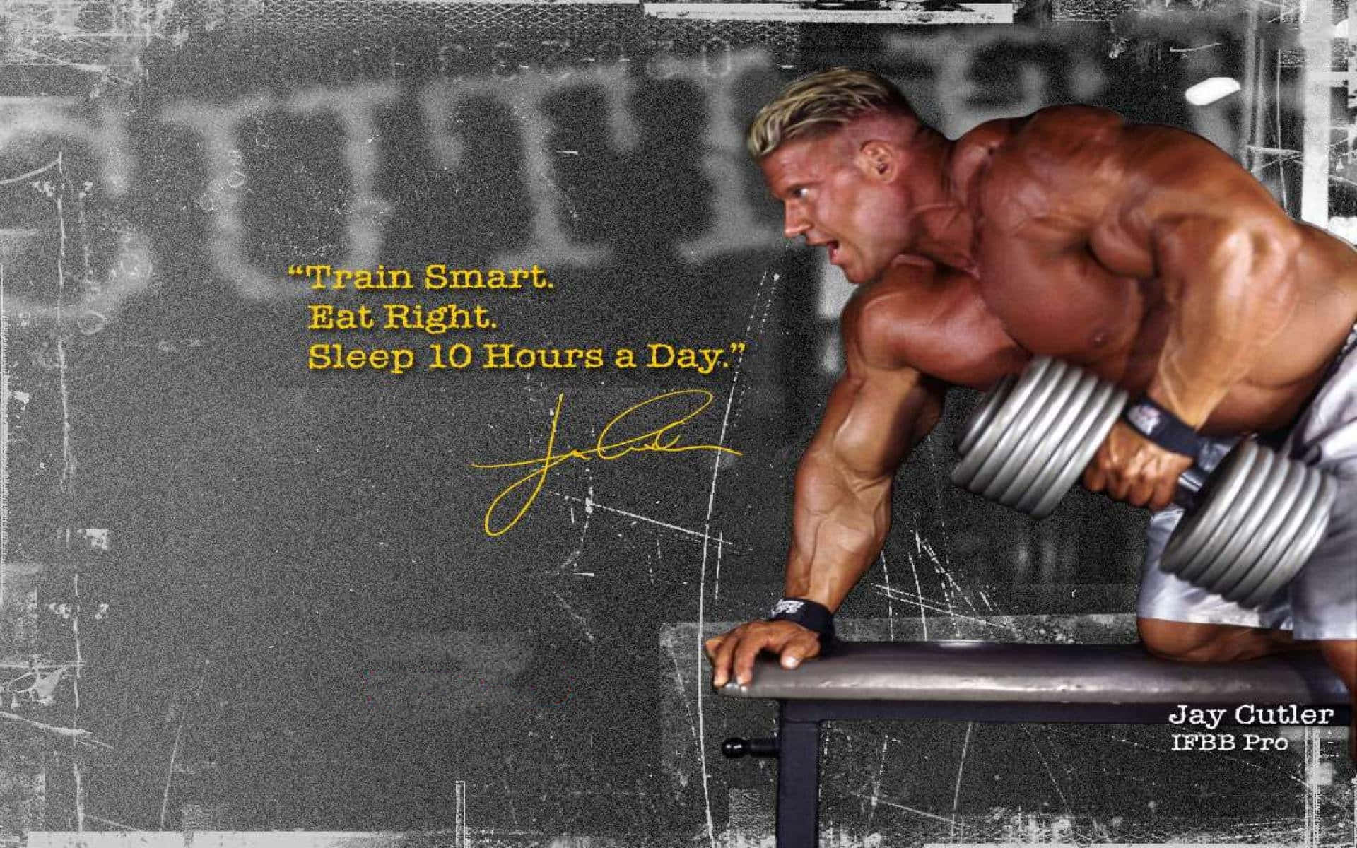 bodybuilding 桌布 壁紙 — 一個肌肉發達的男人在粗獷的健身房舉起沉重的啞鈴，並附有勵志文字和他的簽名。