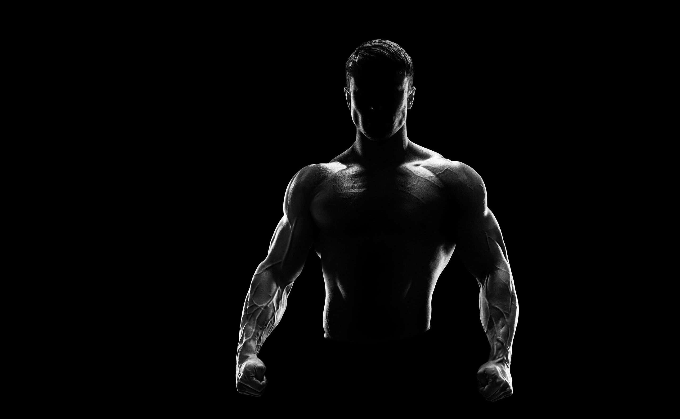 Fitness 桌布 壁紙 — 一個肌肉發達的男人在黑色背景前以剪影呈現，戲劇性的燈光突顯他線條分明的體格。