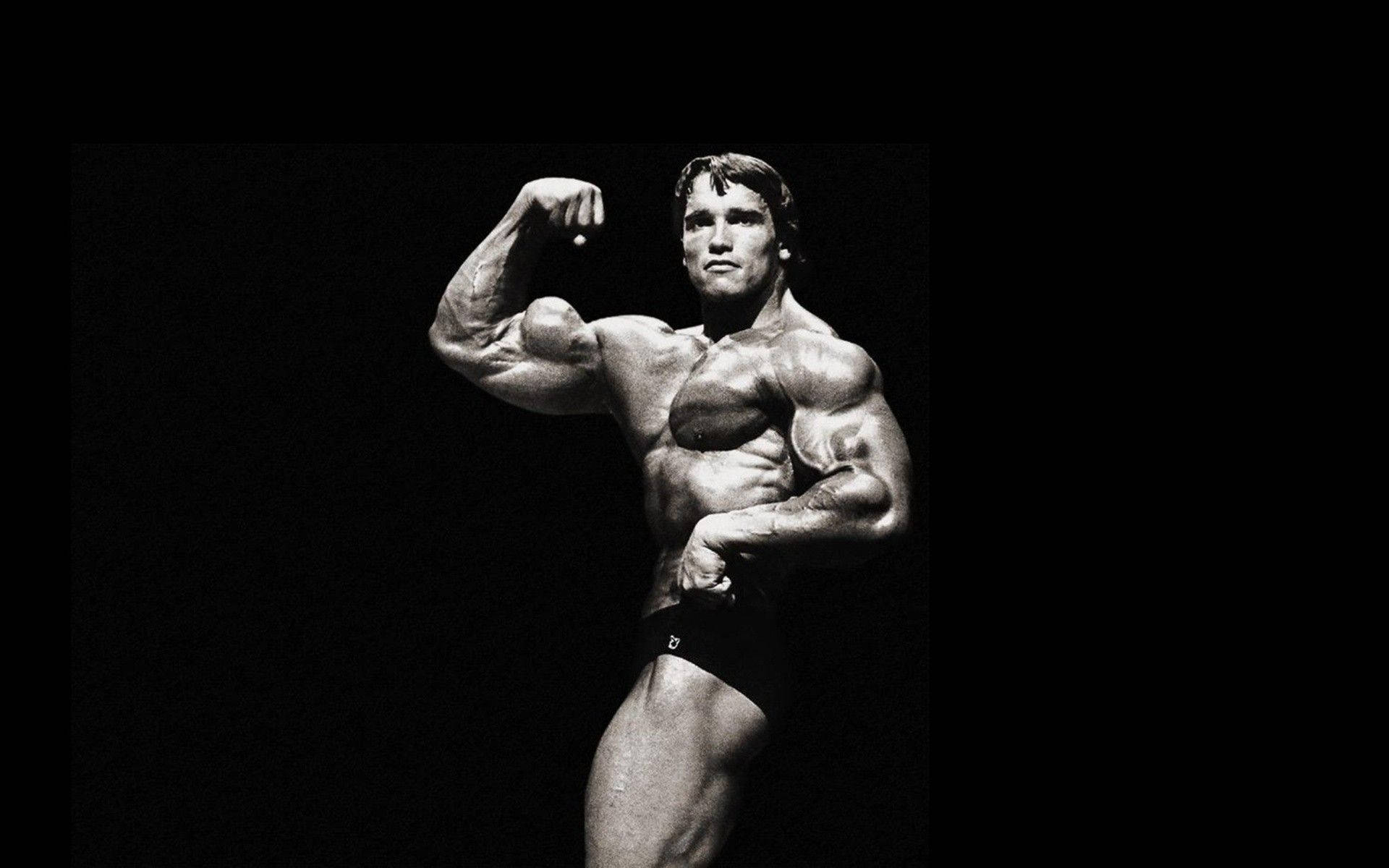 Arnold 桌布 壁紙 — 一個肌肉發達的男人在黑色背景前展示二頭肌，形成戲劇性的黑白照片。