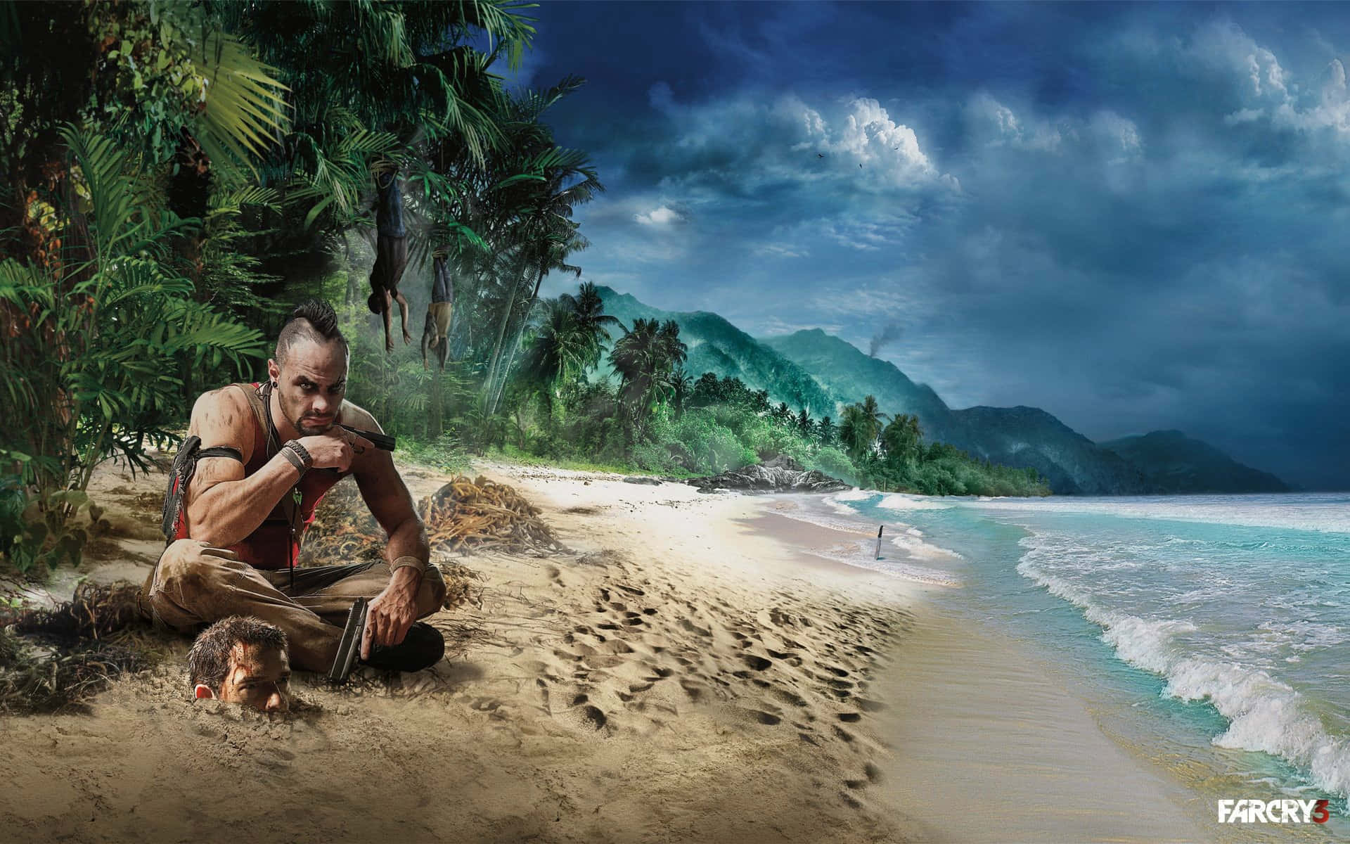 Far Cry 3 桌布 壁紙 — 一個肌肉發達的男人坐在熱帶海灘上，手持槍支，旁邊有一隻猴子，天空風暴密佈。