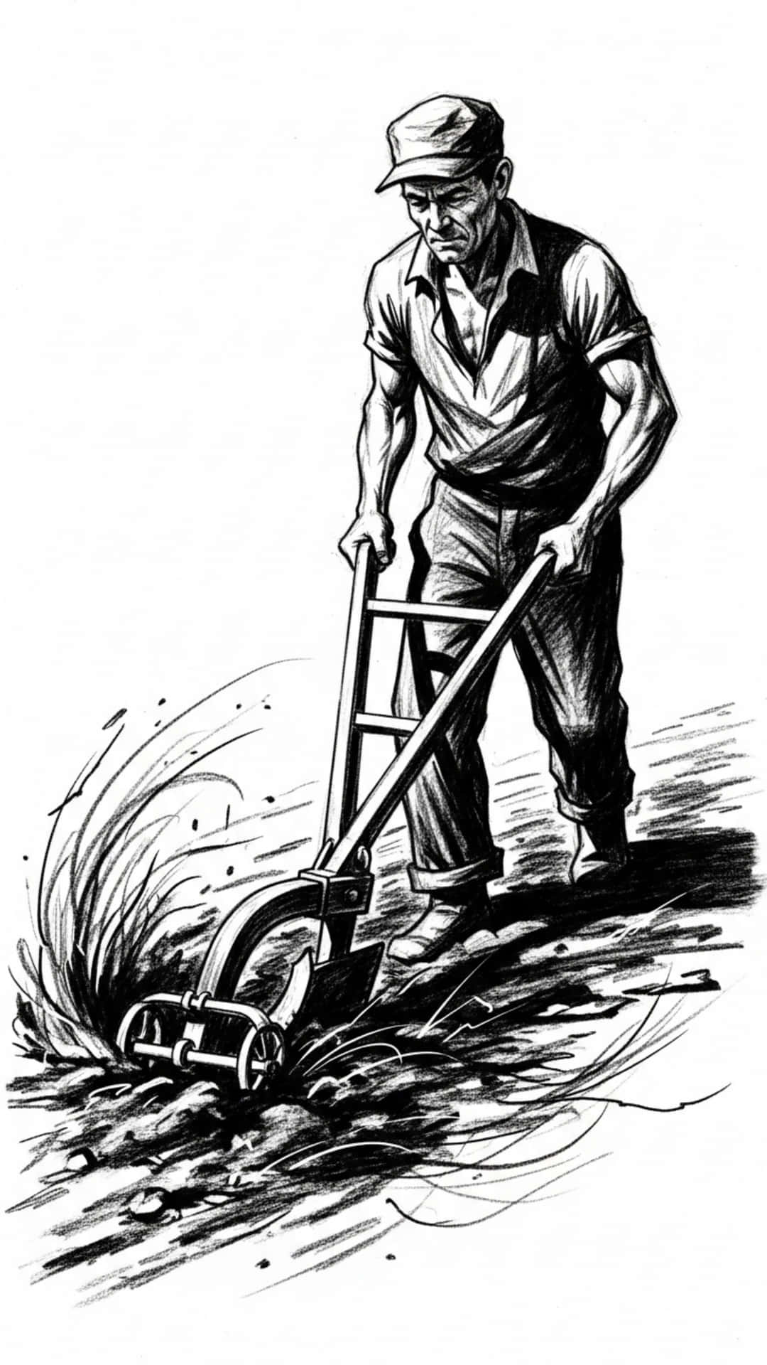Labour Sketch with Construction Worker, Hard Hat and Shovel 壁紙 — 一個肌肉發達的男人戴著帽子和工裝褲，用力推動沉重的犁穿過泥土，帶有動態的運動線條。