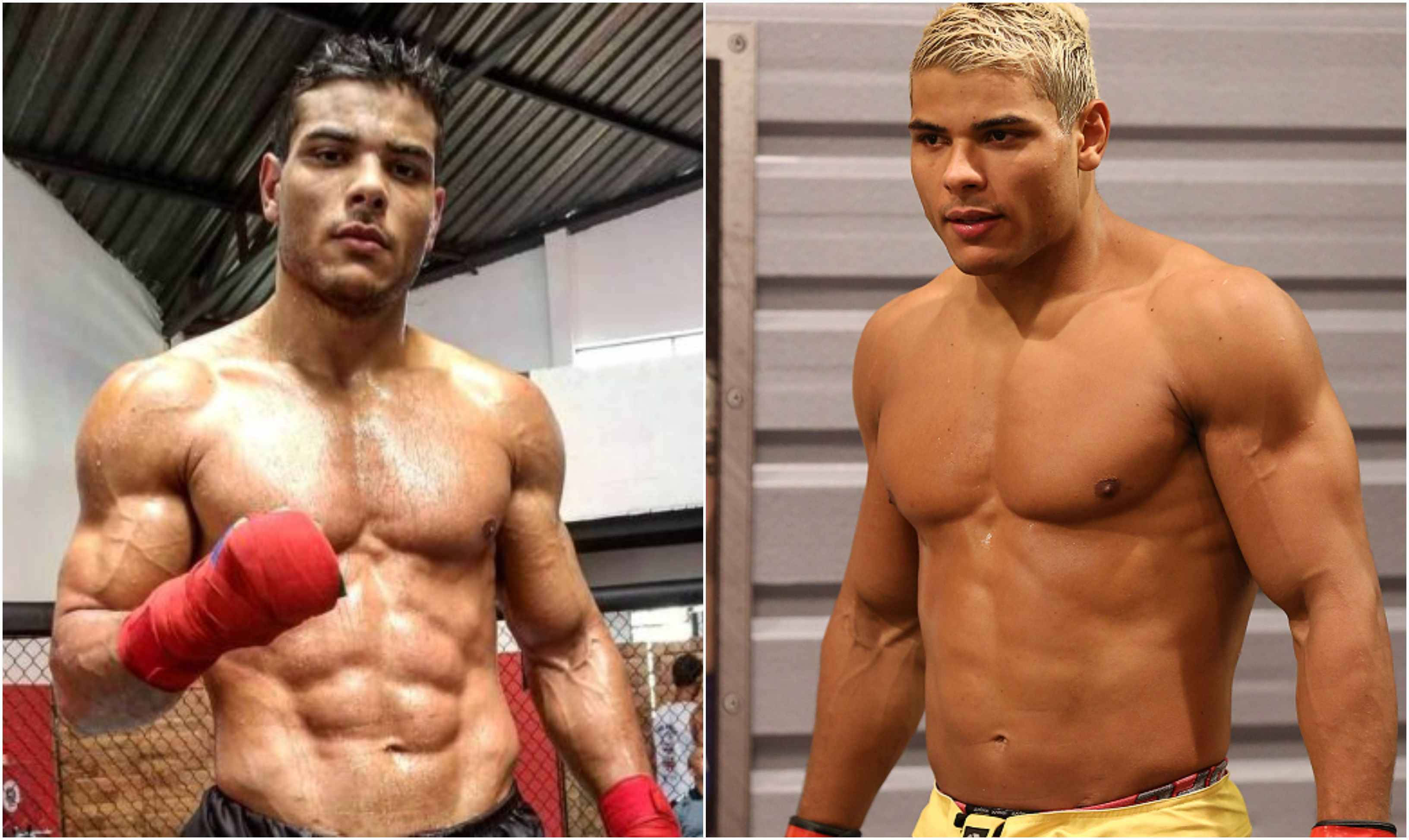 UFC 桌布 壁紙 — 一個肌肉發達的男人戴著紅色拳擊手套站在健身房，他線條分明的腹肌在明亮燈光下閃閃發光。