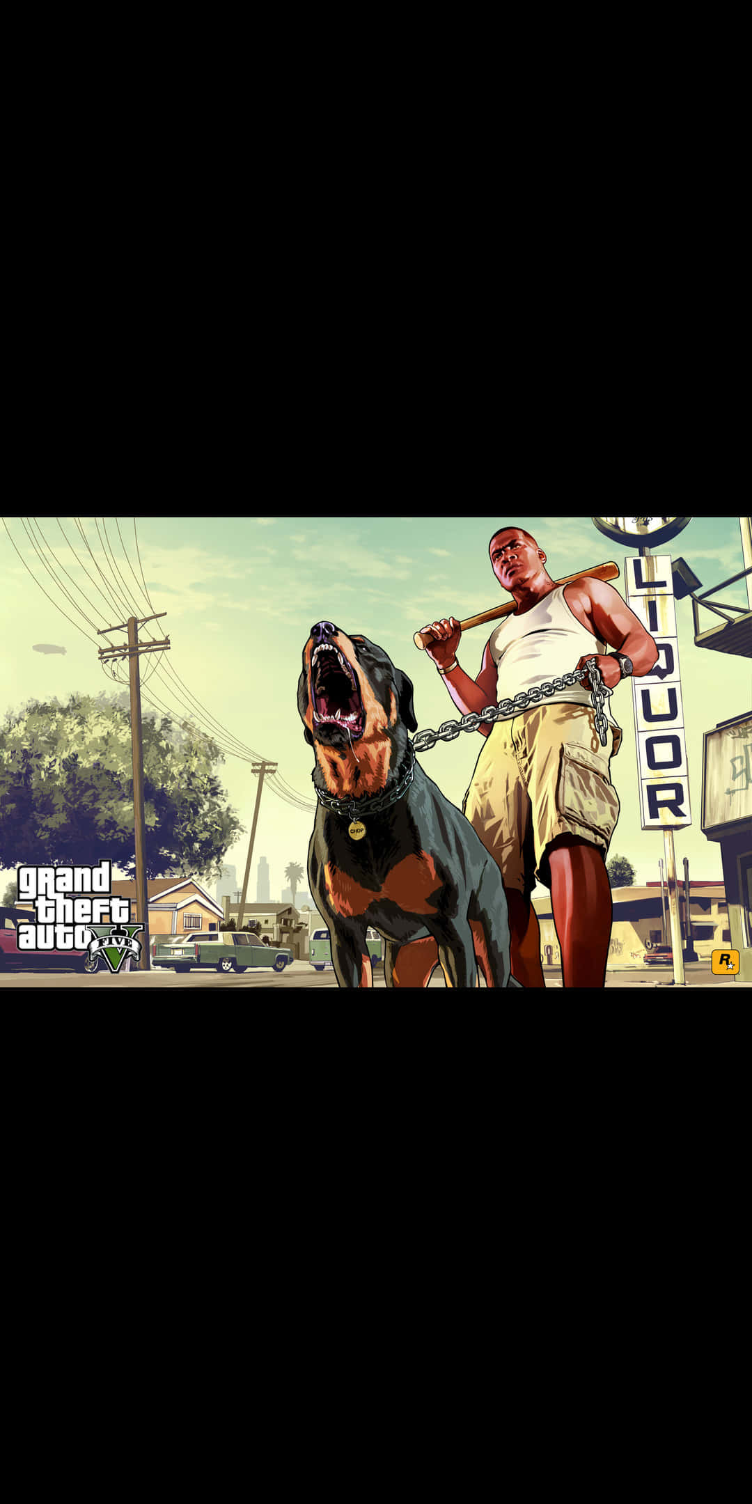 Pixel 3 Grand Theft Auto V 桌布 壁紙 — 一個肌肉發達的男人拿著棒球棍，站在一條陽光明媚的城市街道上，旁邊有一隻被鎖鏈拴住的羅威納犬，還有一個酒舖招牌。