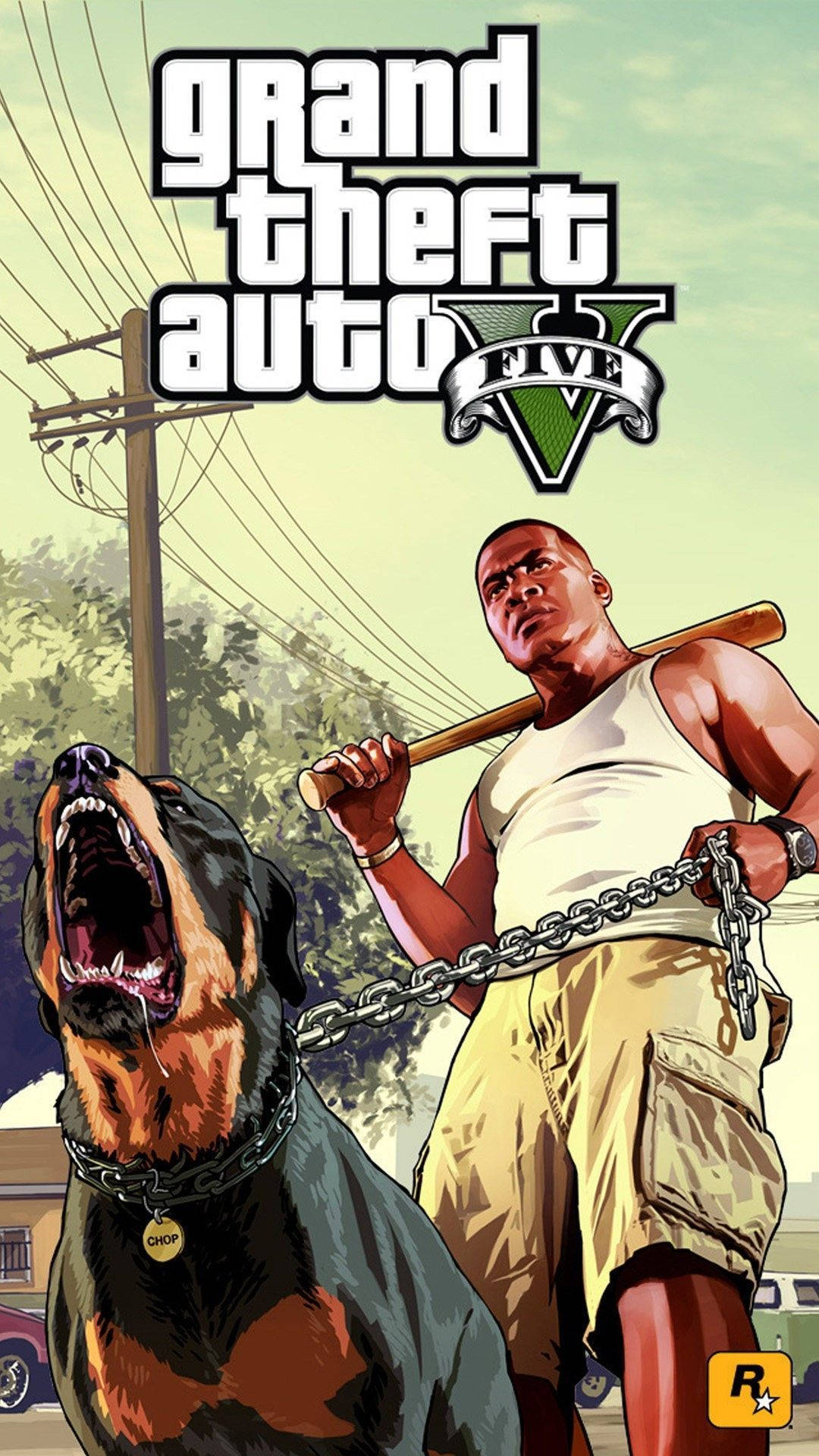 gta iPhone 桌布 壁紙 — 一個肌肉發達的男人拿著棒球棍和一條被鎖鏈拴住的羅威納犬，在粗獷的城市環境中，電線下挑釁地站立。