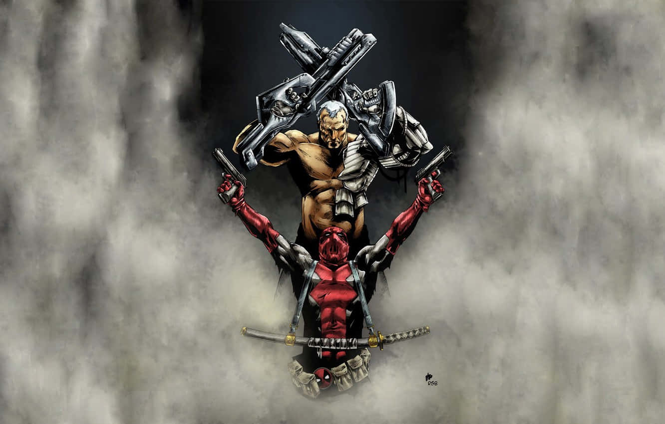 Deadpool And Cable 桌布 壁紙 — 一個肌肉發達的男人拿著槍，一個身穿紅色西裝的人物拿著劍，在煙霧瀰漫的灰色背景下挑釁地站立。