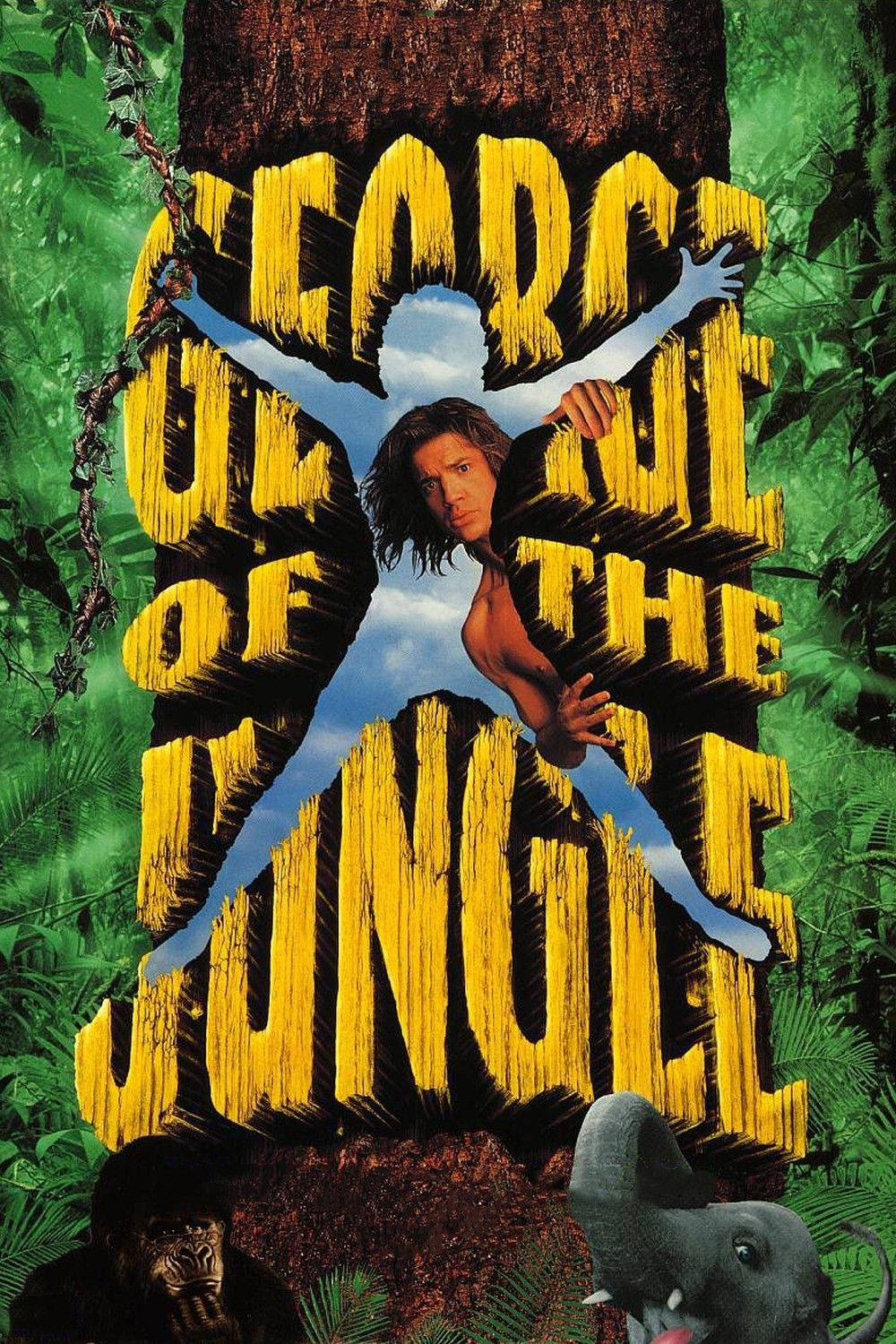 George 桌布 壁紙 — 一個肌肉發達的男人掛在樹上，周圍是叢林樹葉，下面有一隻大猩猩和一隻大象。