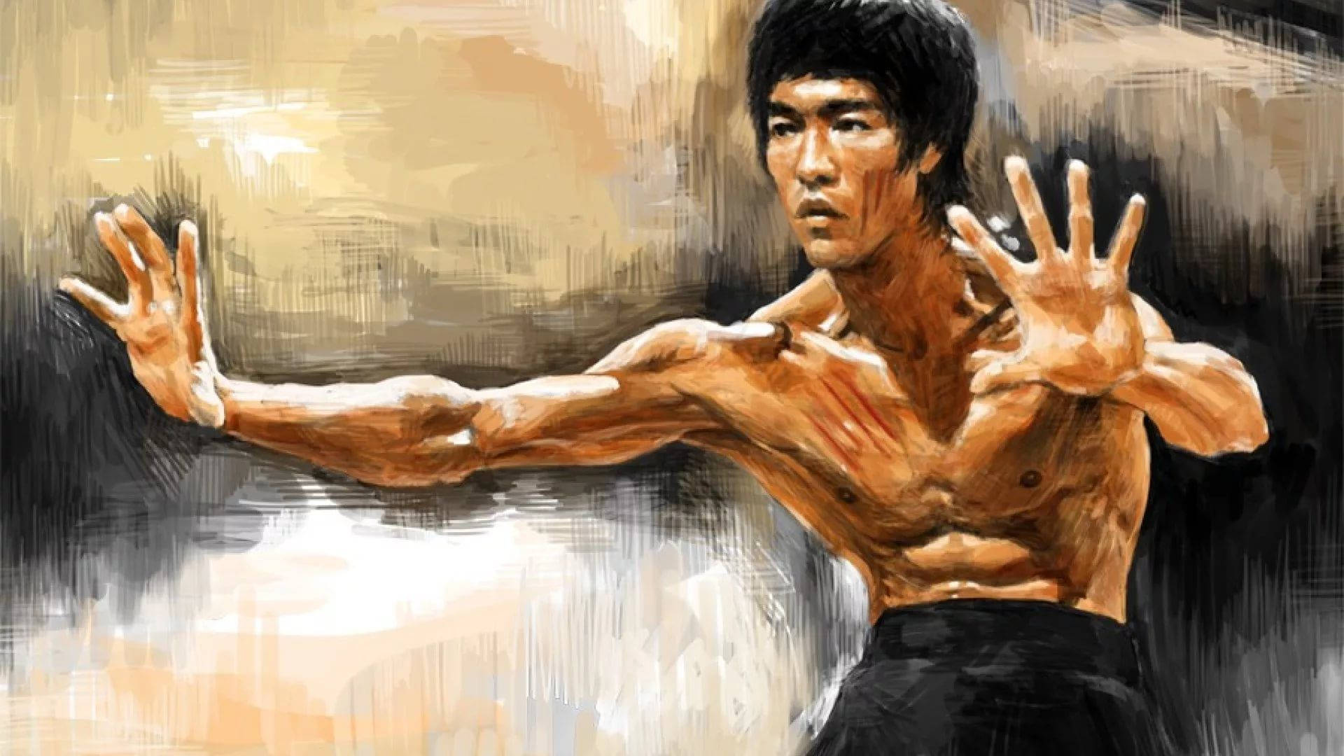 李小龍 桌布 壁紙 — 一個肌肉發達的男人擺出武術姿勢，雙臂伸展，背景是紋理抽象的。