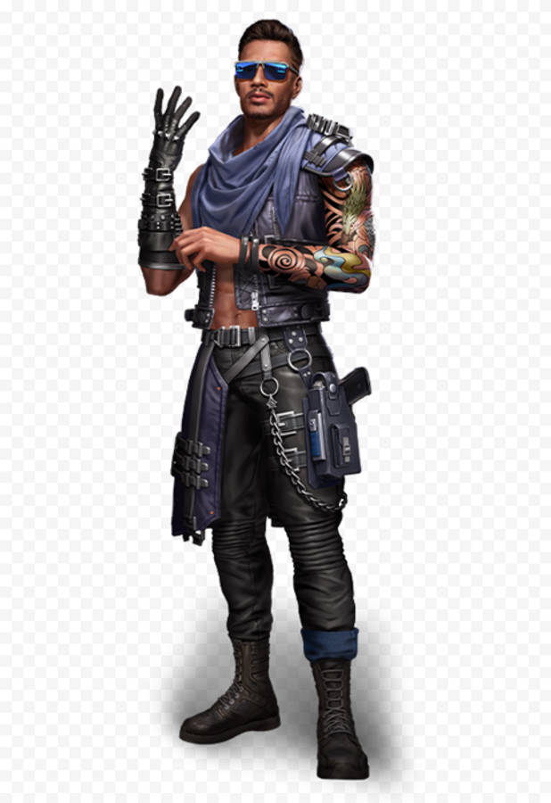 free fire 4K 桌布 壁紙 — 一個肌肉發達的男人穿著未來風格的賽博龐克裝備，帶有刺青和藍色太陽眼鏡，在方格背景前自信地擺姿勢。