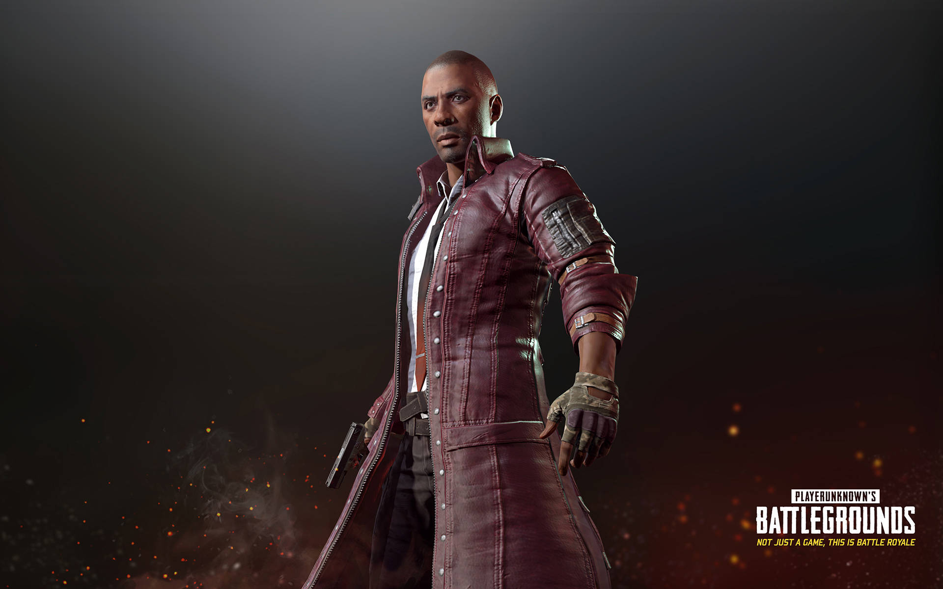pubg 4K gaming 桌布 壁紙 — 一個肌肉發達的男人穿著栗色皮風衣，自信地站在黑暗煙霧背景中，伴隨著發光的餘燼。