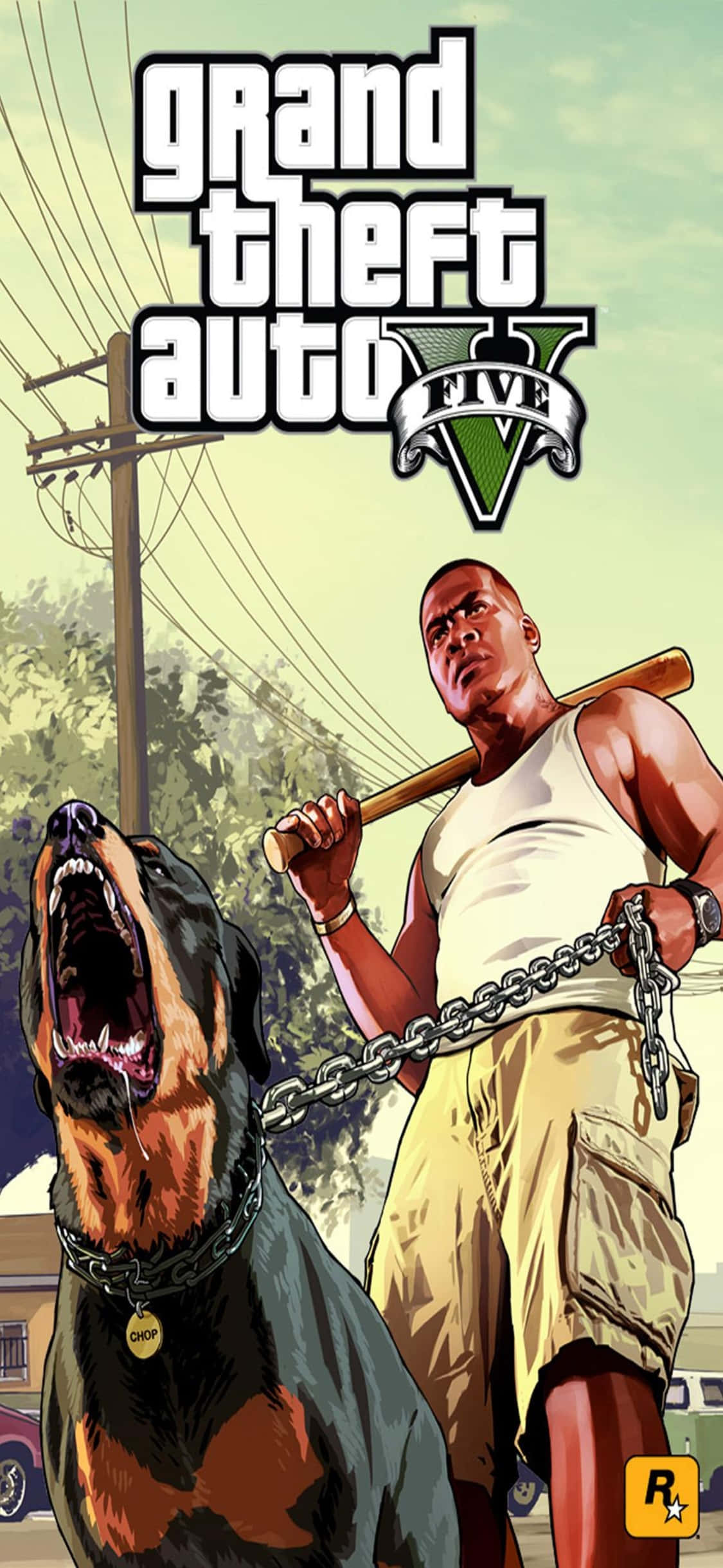 Grand Theft Auto V 桌布 壁紙 — 一個肌肉發達的男人穿著白色背心，手持棒球棍，站在一條咆哮的洛威拿犬旁邊，背景是郊區。