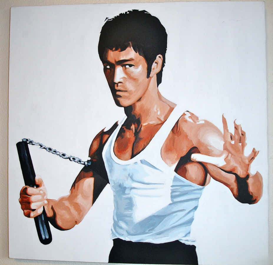 李小龍 桌布 壁紙 — 一個肌肉發達的男人穿著白色背心，在純白背景下專注地揮舞雙節棍。