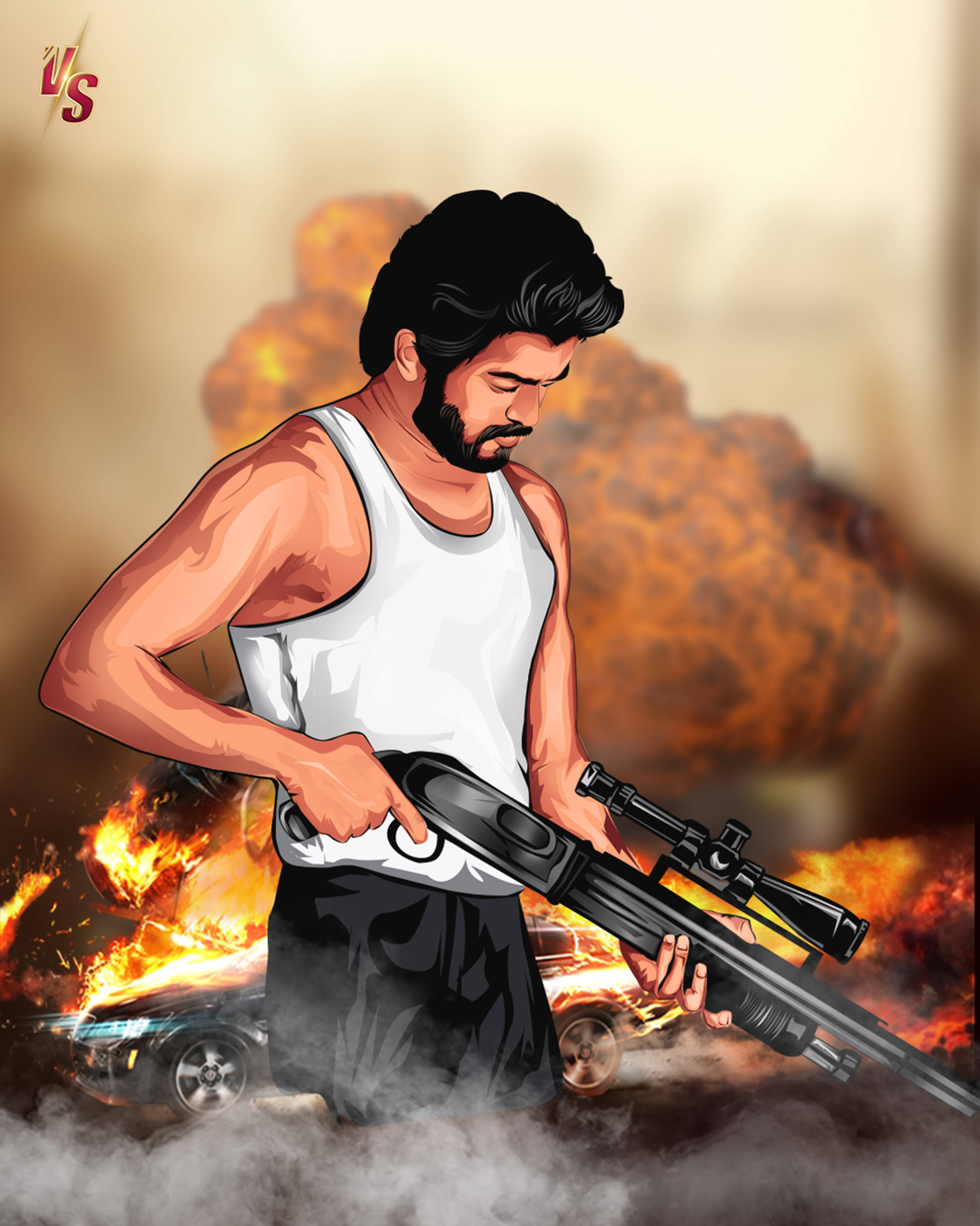 vijay HD 桌布 壁紙 — 一個肌肉發達的男人穿著白色背心，在猛烈爆炸和燃燒的汽車中手持狙擊步槍。