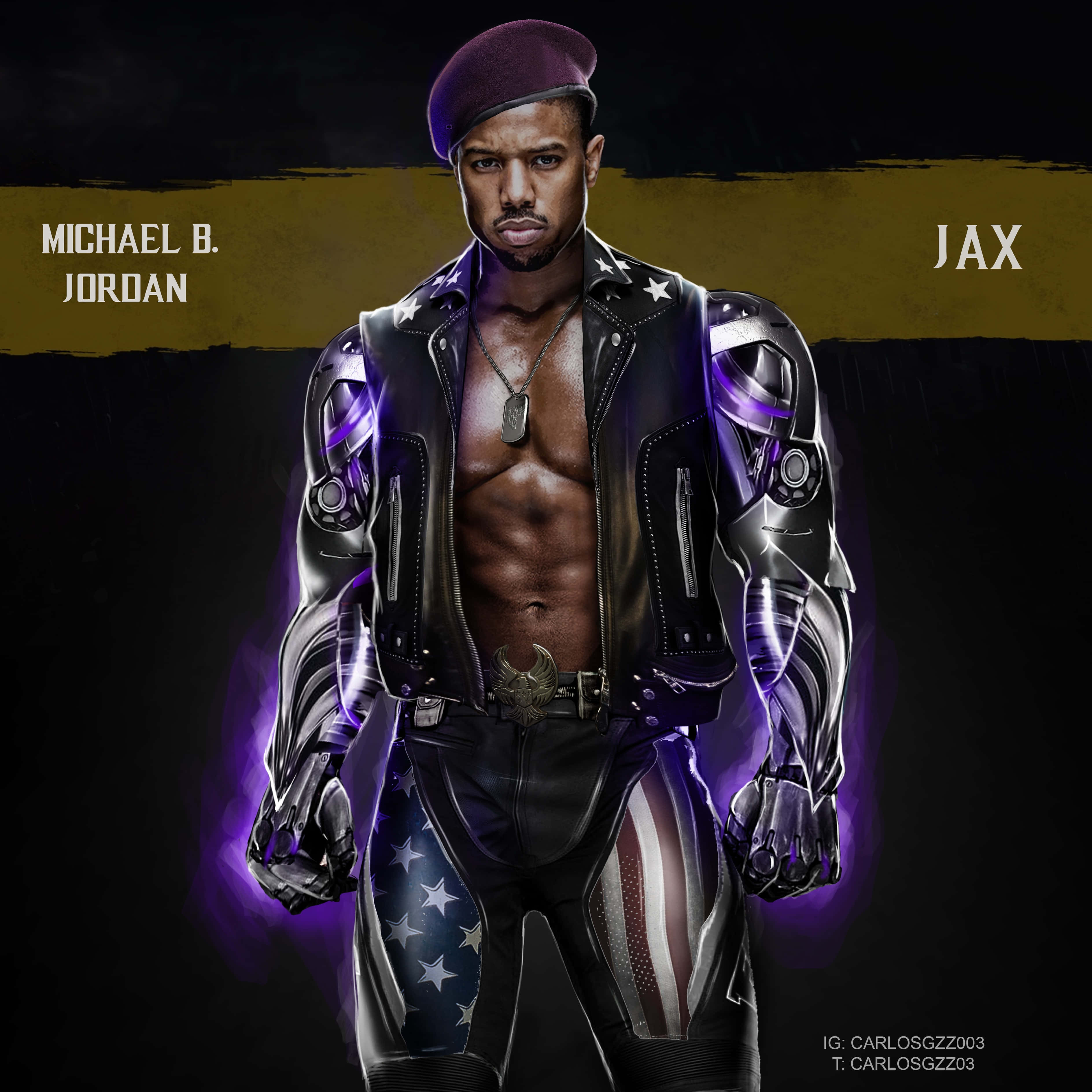 Mortal Kombat Jax 桌布 壁紙 — 一個肌肉發達的男人穿著皮夾克和星條褲，在黑暗背景下站著，雙臂發出紫色的機械光。