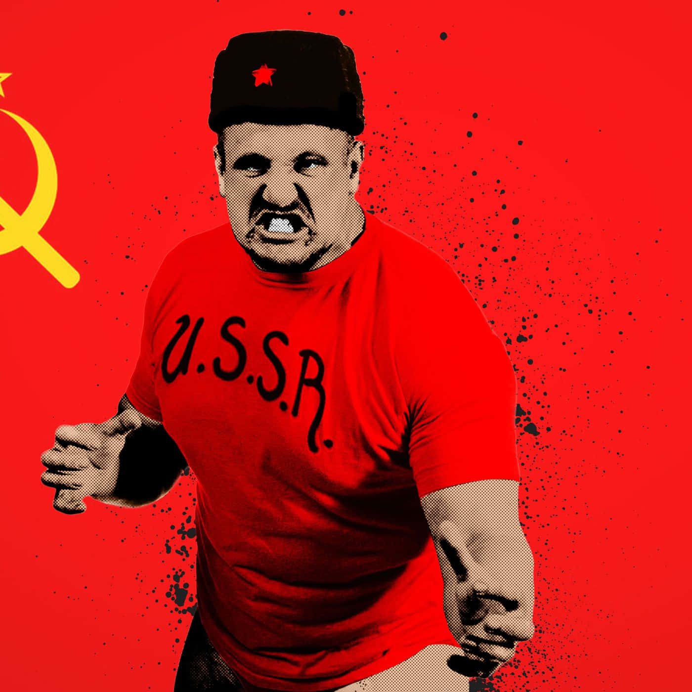 WWE 桌布 壁紙 — 一個肌肉發達的男人穿著紅色USSR T恤和星帽，對著帶有飛濺效果的蘇聯國旗背景咆哮。