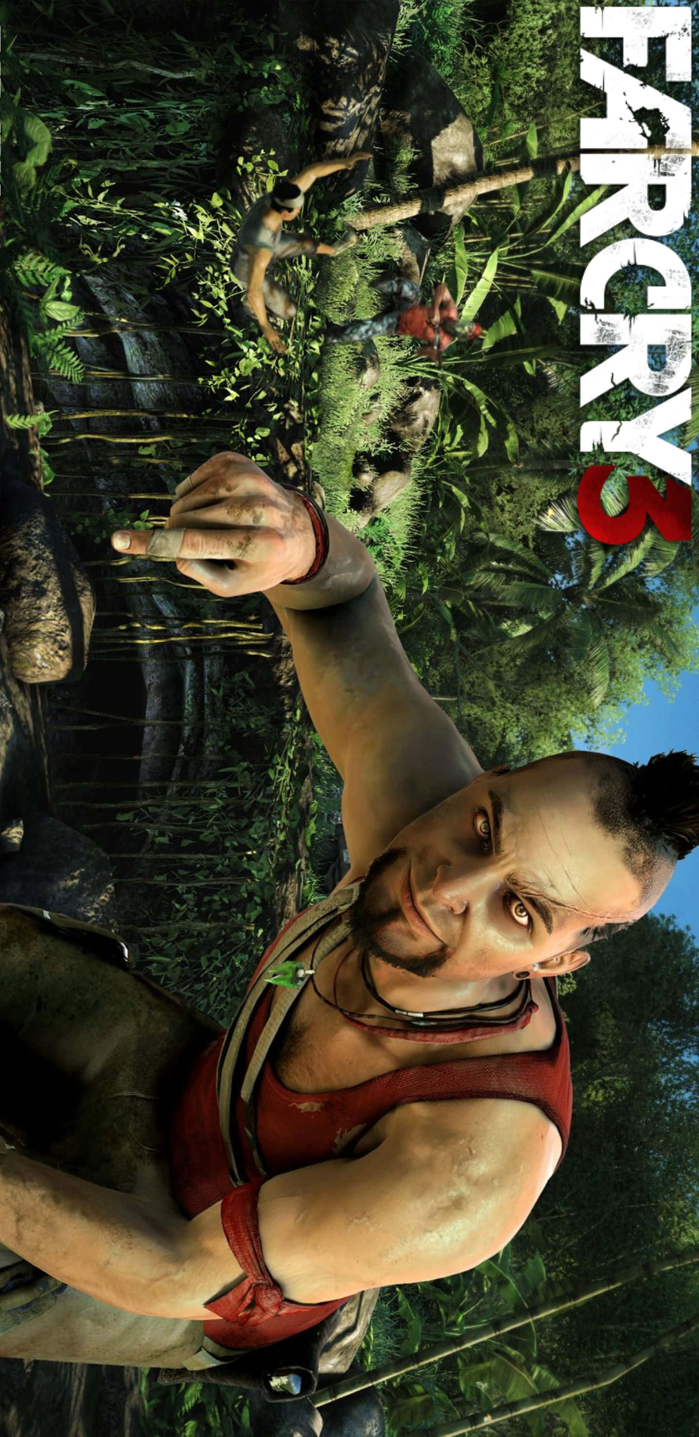 Pixel 3xl Far Cry 3 桌布 壁紙 — 一個肌肉發達的男人穿著紅色背心，在茂密的叢林中向上瞄準手槍，Far Cry 3 標誌清晰可見。