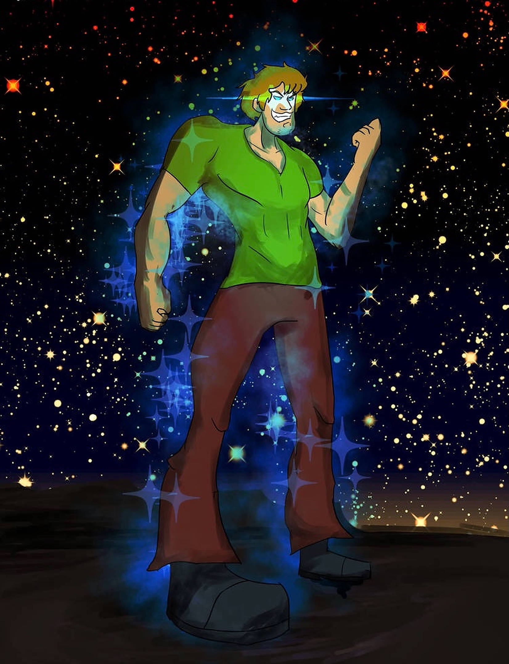Shaggy 桌布 壁紙 — 一個肌肉發達的男人穿著綠色襯衫和棕色褲子，自信地站在黑暗的表面上，背景是充滿活力的星空夜空，帶有發光的藍色能量效果。