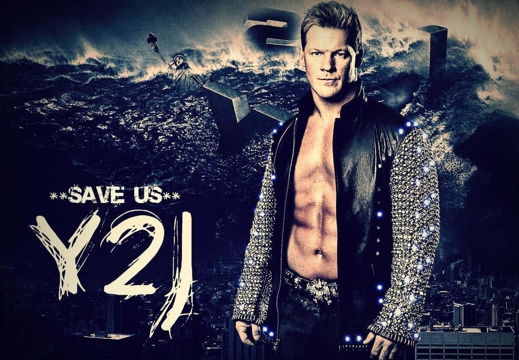 WWE 桌布 壁紙 — 一個肌肉發達的男人穿著閃亮外套，站在暴風雨的城市景觀前，自由女神像從海浪中浮現。