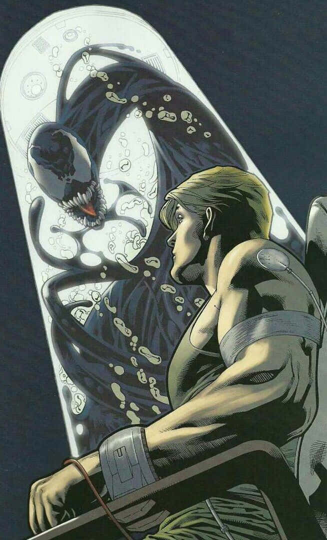 Flash Thompson 桌布 壁紙 — 一個肌肉發達的男人穿著高科技套裝，面對一個從發光白色莢艙中出現的威脅性黑色共生體生物。