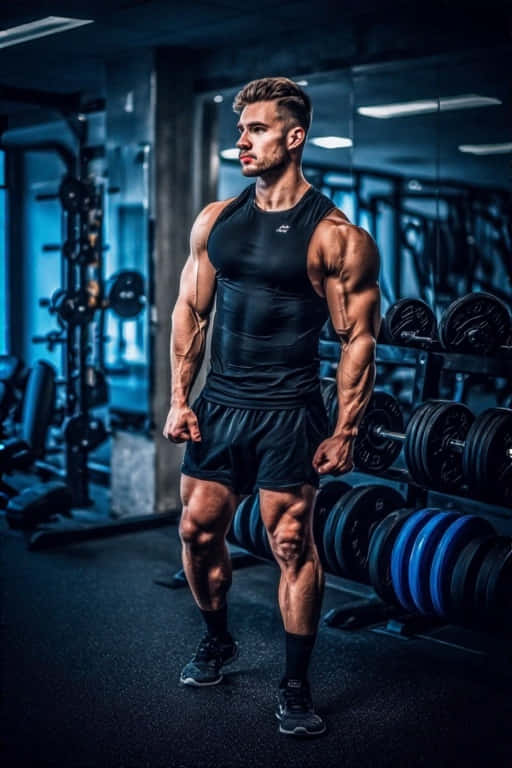 Power Couple Gym Wallpaper 壁紙 — 一個肌肉發達的男人穿著黑色健身服，自信地站在燈光昏暗的健身房裡，周圍是啞鈴和器材。